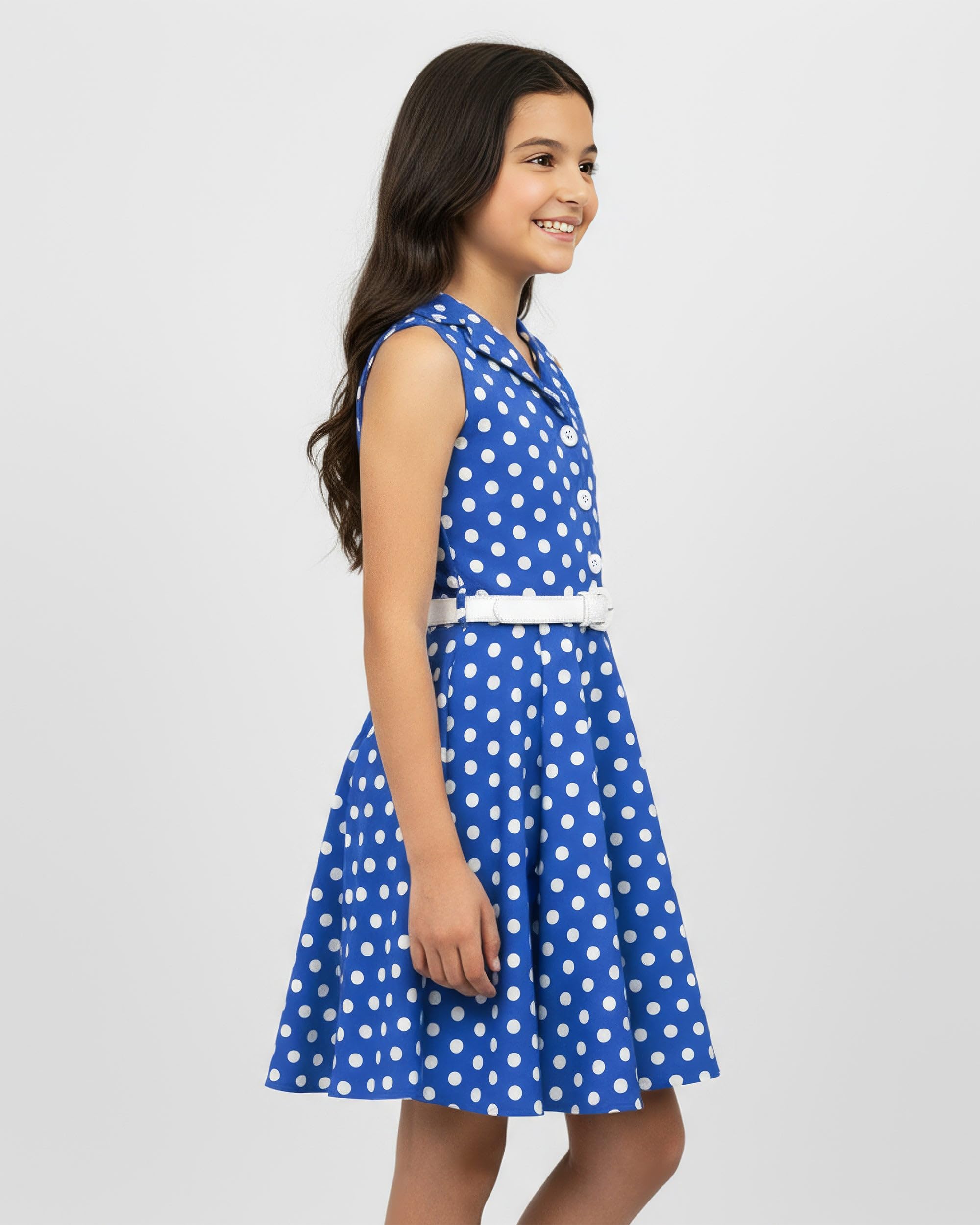 BlackButterfly Mädchen Kleid Holly Punkte | Tellerrock, Ärmellos, Bubikragen, Knopfleiste, Gefüttert, Abnehmbarer Gürtel, Zum Drehen, 3-14 Jahre