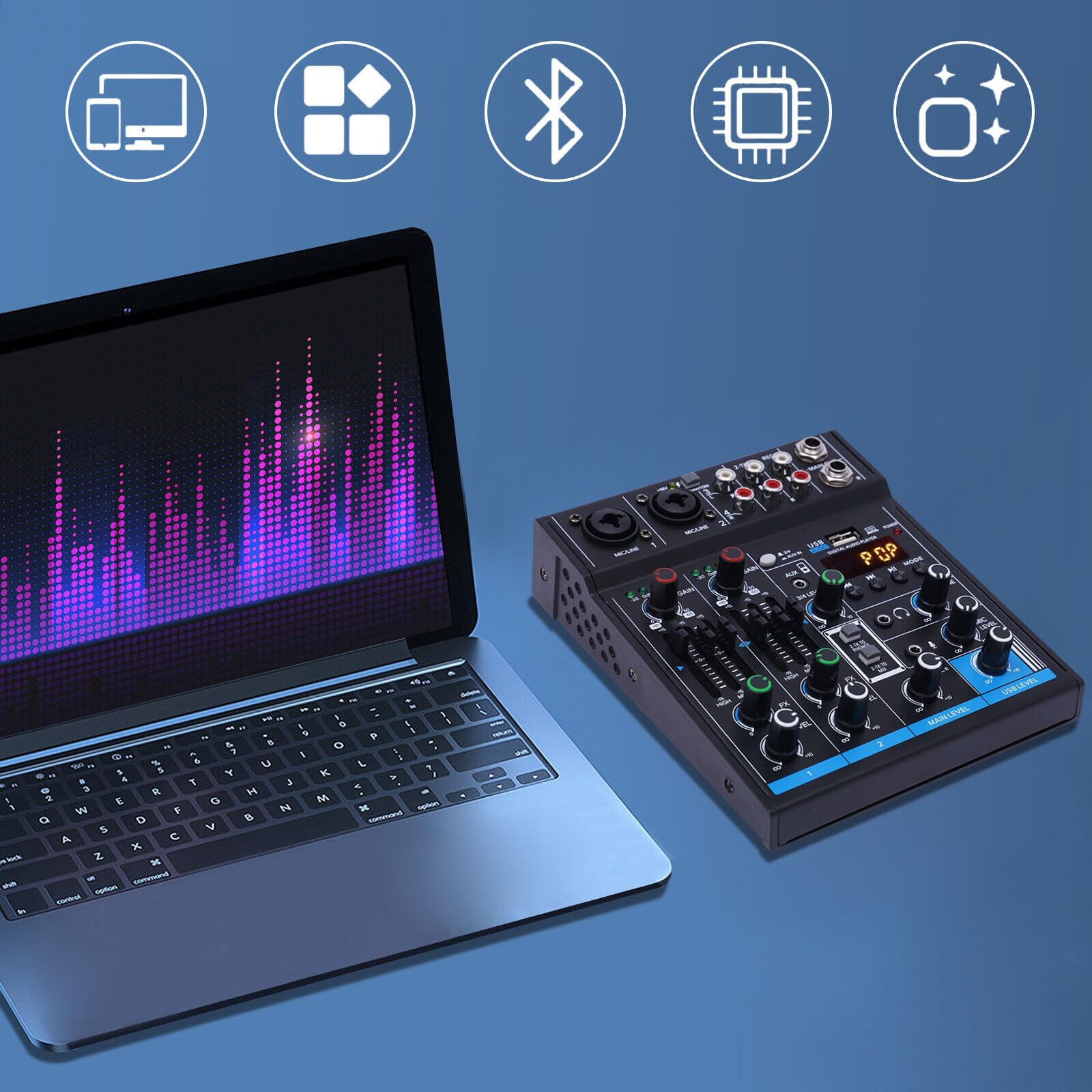 Mixer audio a 4 canali, mixer Bluetooth USB Live Studio Audio Mixer Console DJ Soundboard, mixer audio professionale per registrazioni, streaming live