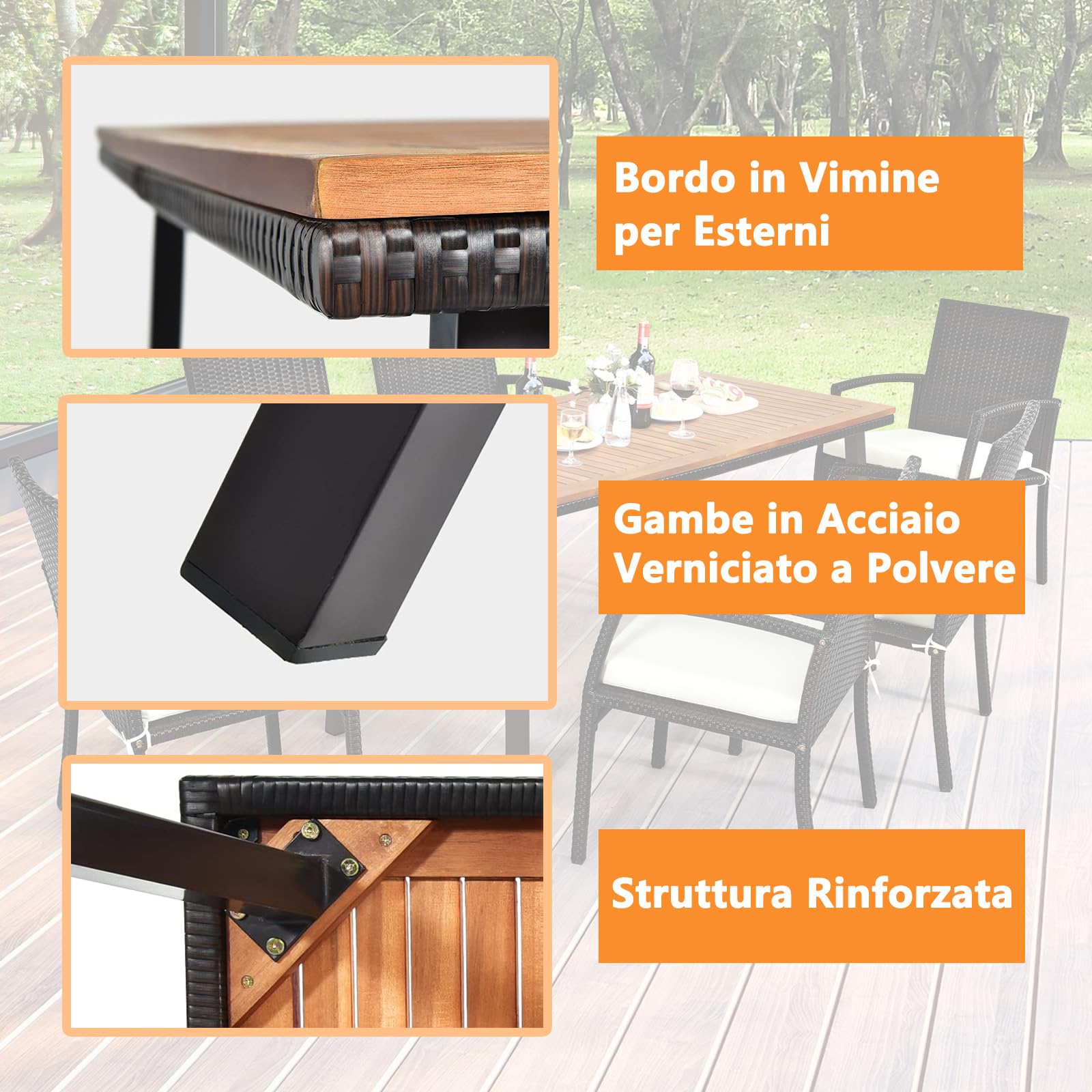 RELAX4LIFE Tavolo da Giardino in Legno di Acacia con Foro Ombrellone 6 cm, Gambe in Metallo, per 6 Persone, Design a Doghe per Esterno, Terrazza, Patio, Portata 50KG (140x75x76cm, Rettangolare)
