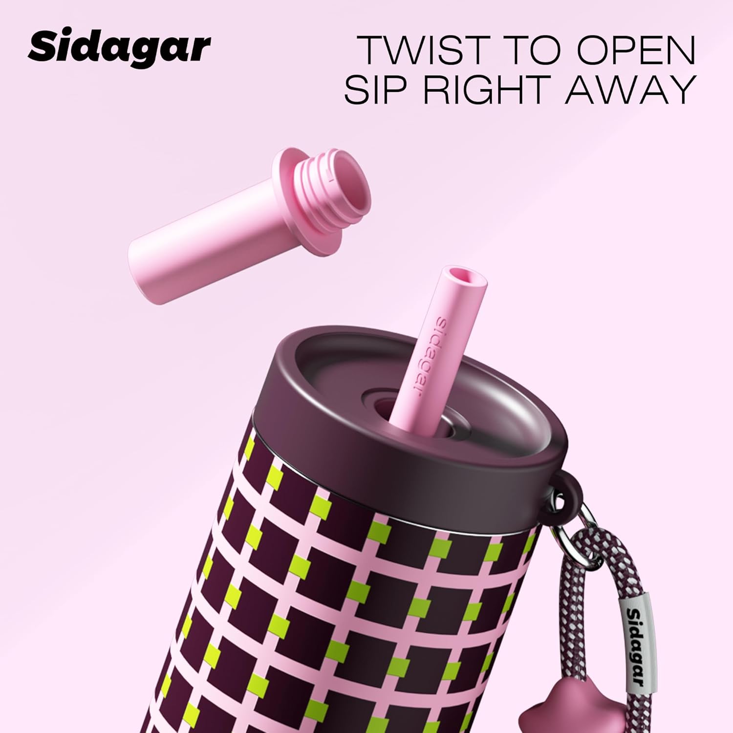 24 oz Tumbler with Handle and Straw, Leak-proof Reusable BPA-Free Cup, Balletcore Berry Pink Grid, Commute Yoga Office Travel, Picnic & Campus Essentials, Star Charm - Berry Pink - Image 9