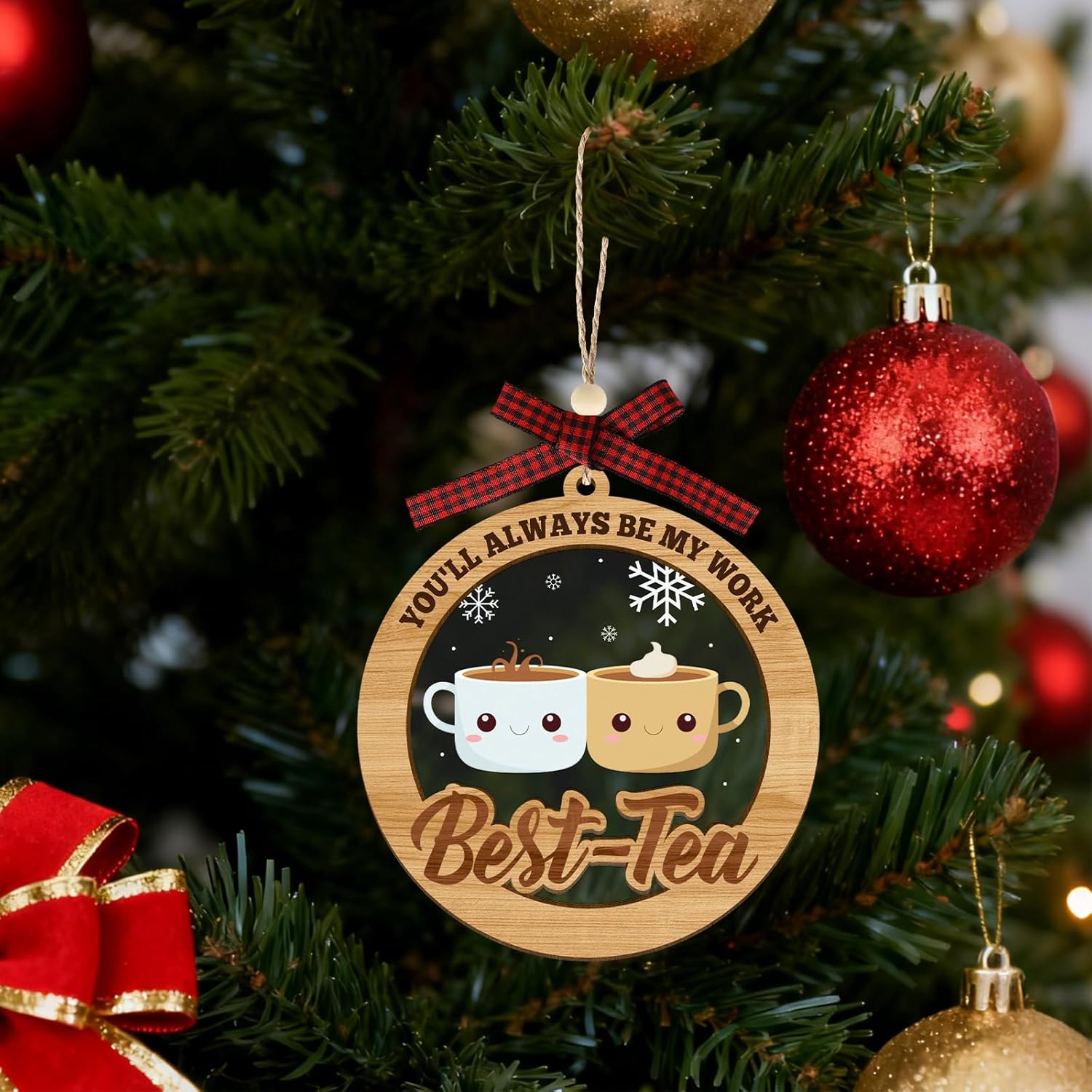 Work Bestie Ornament Gifts, Wooden Coworker Birthday Gifts for Work Besties, You'll Always be My Best-Tea Friendship for Women Friends Christmas Tree Decor (Round Bestie) - Image 5