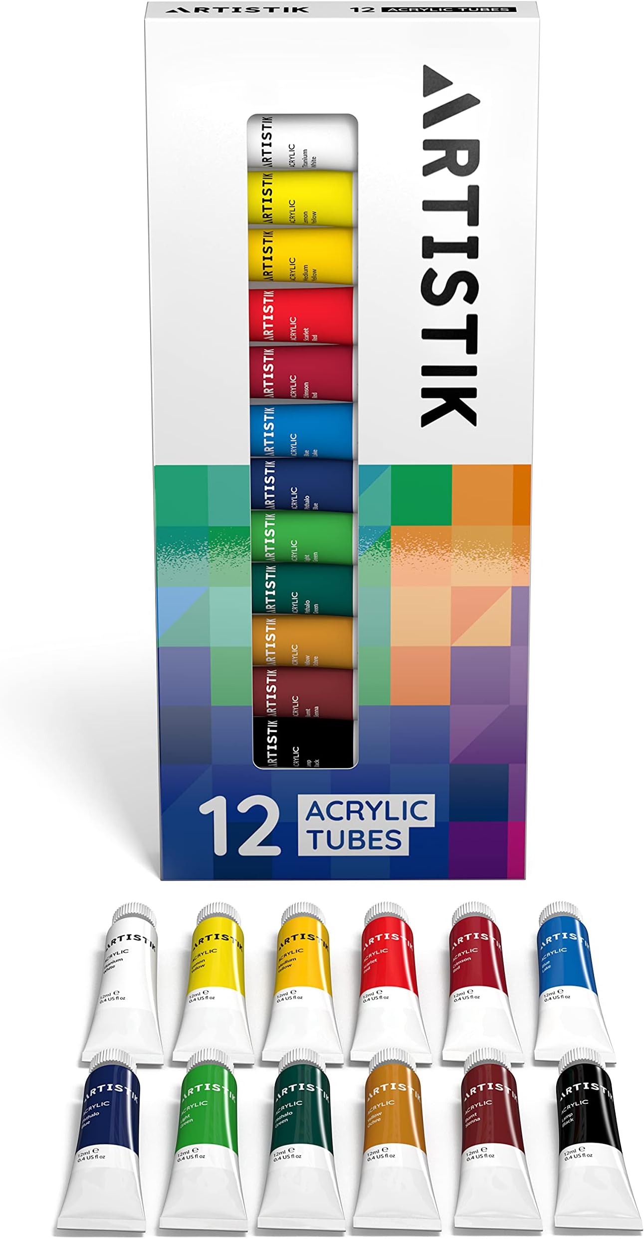 ARTISTIKAcrylic Paint Set - 12 Piece Set of Professional Painting Acrylic Paints with Vivid Pigments and Rich Colours for Any Age and Skill Level (Set of 12 Tubes)