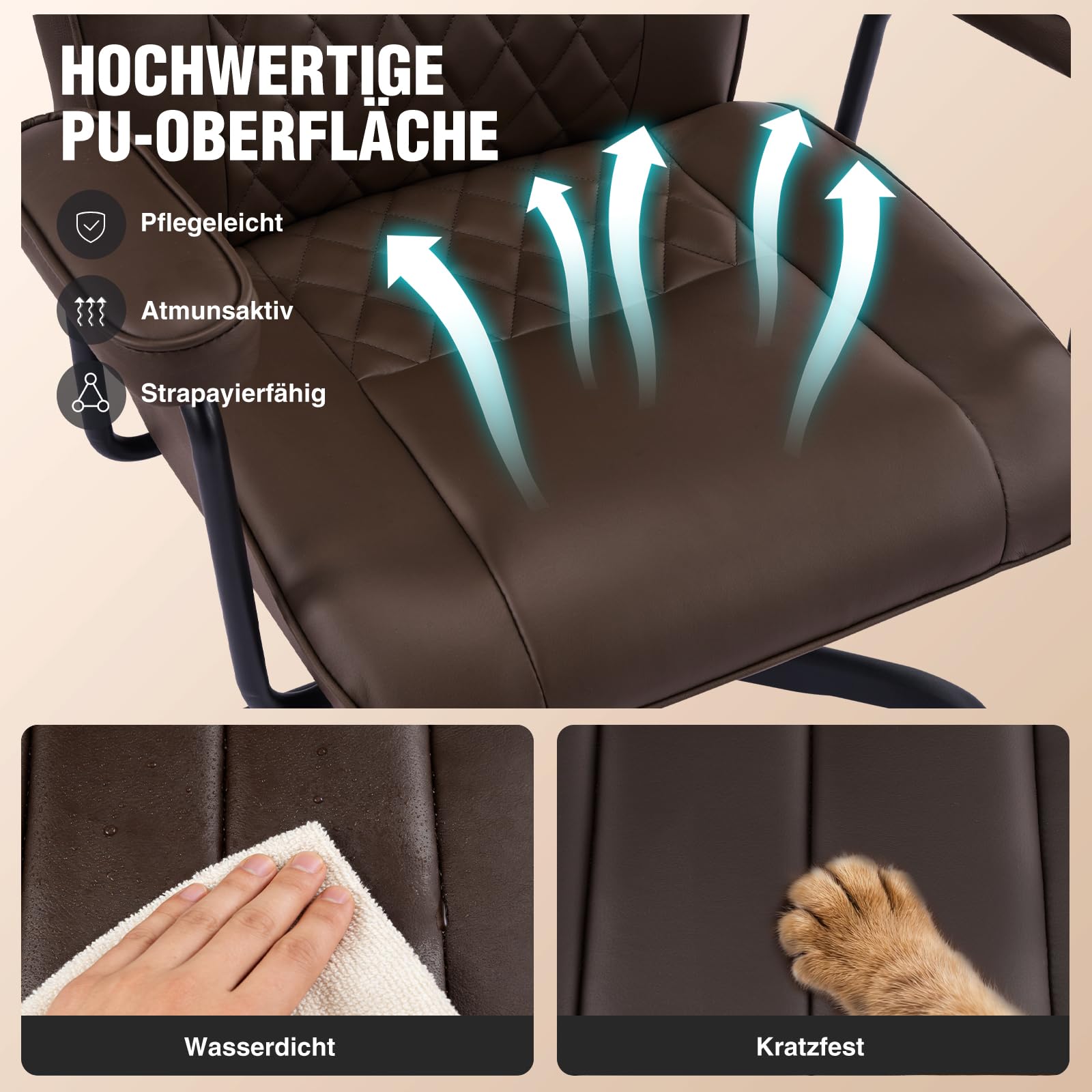 Bürostuhl Ergonomisch, Schreibtischstuhl mit Verstellbarer Kopfstütze, PU Leder Chefsessel mit Gepolsterter Armlehnen und Höhenverstellbar, Neigefunktion, Drehstuhl, Dunkelbraun
