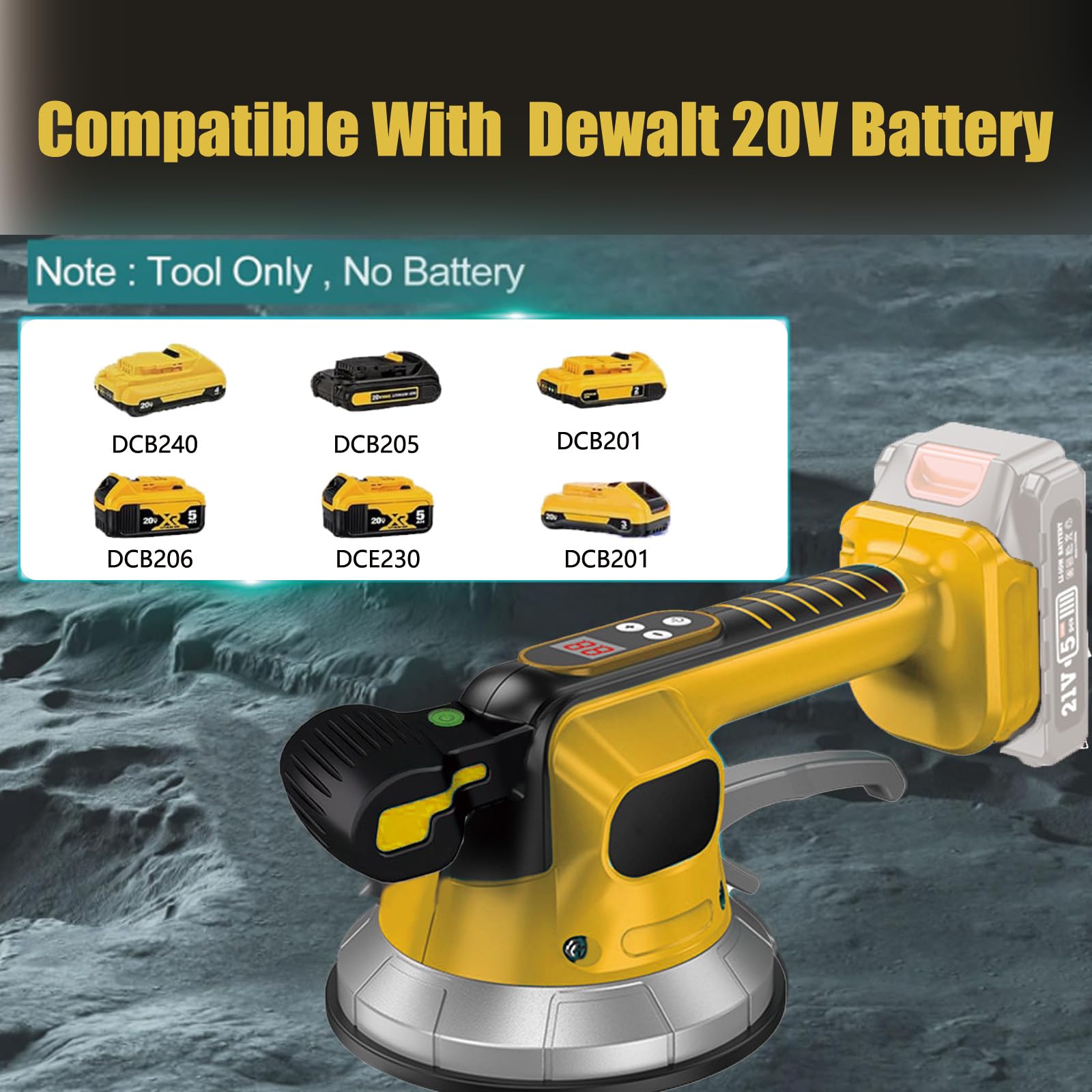 Herramienta inalámbrica de vibración de azulejos, azulejo compatible con batería Dewalt de 20 V, máquina de azulejos con 10 engranajes ajustables, absorción de 850 kg, motor de 23000 rpm, ventosa de