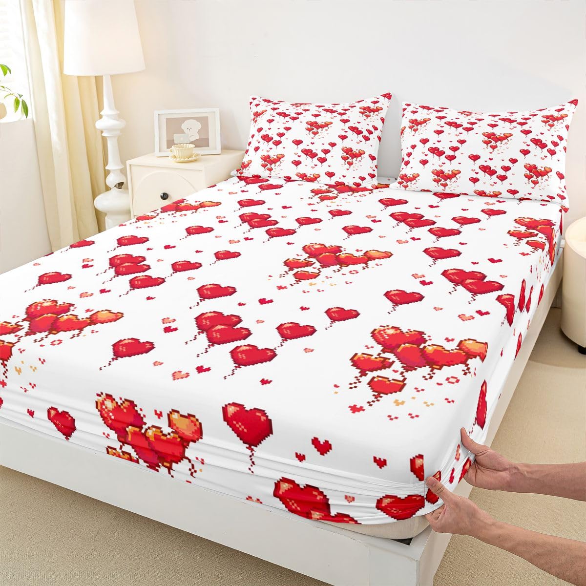 Homewish Pikselowa miłość serce prześcieradło King Girl śliczne czerwone balony prześcieradła retro romantyczne serca zestaw pościeli dla dzieci chłopców dziewcząt, estetyczna grafika narzuta na łóżko