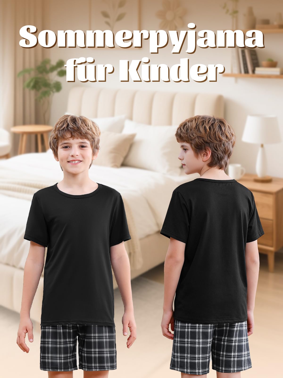 Schlafanzug Jungen Kurz Zweiteiliger Kurzer Schlafanzug Kinder mit 2 Taschen Weich Pyjama Runder Halsausschnitt T-Shirt und Karierte Kurze Hose Sommeroutfits 134-176 für Freizeit Sport Zuhause