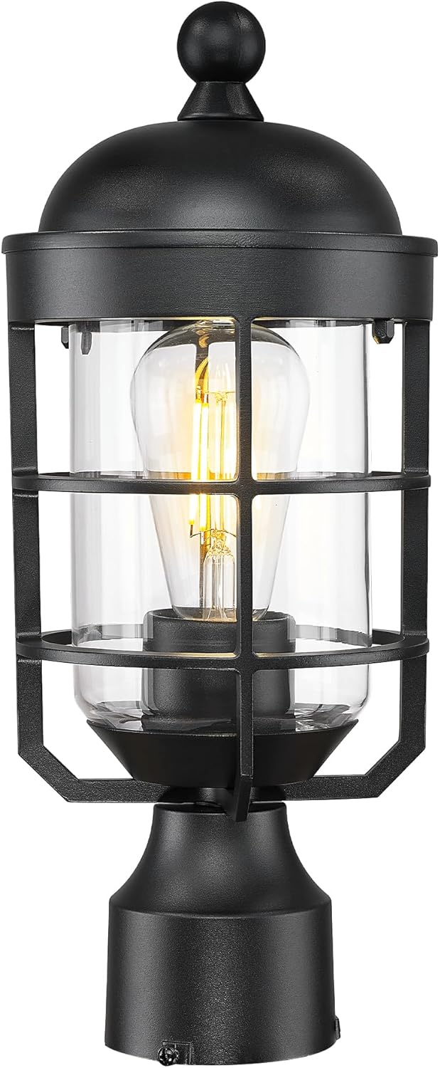 Emliviar 14.4 Inch Oil Rubbed Bronze Pole Lantern Lighting Fixture, Set of Two Water Ripple Glass Outdoor Light Posts for Patio and Pathway, GE255P-L-2 ORB-WG