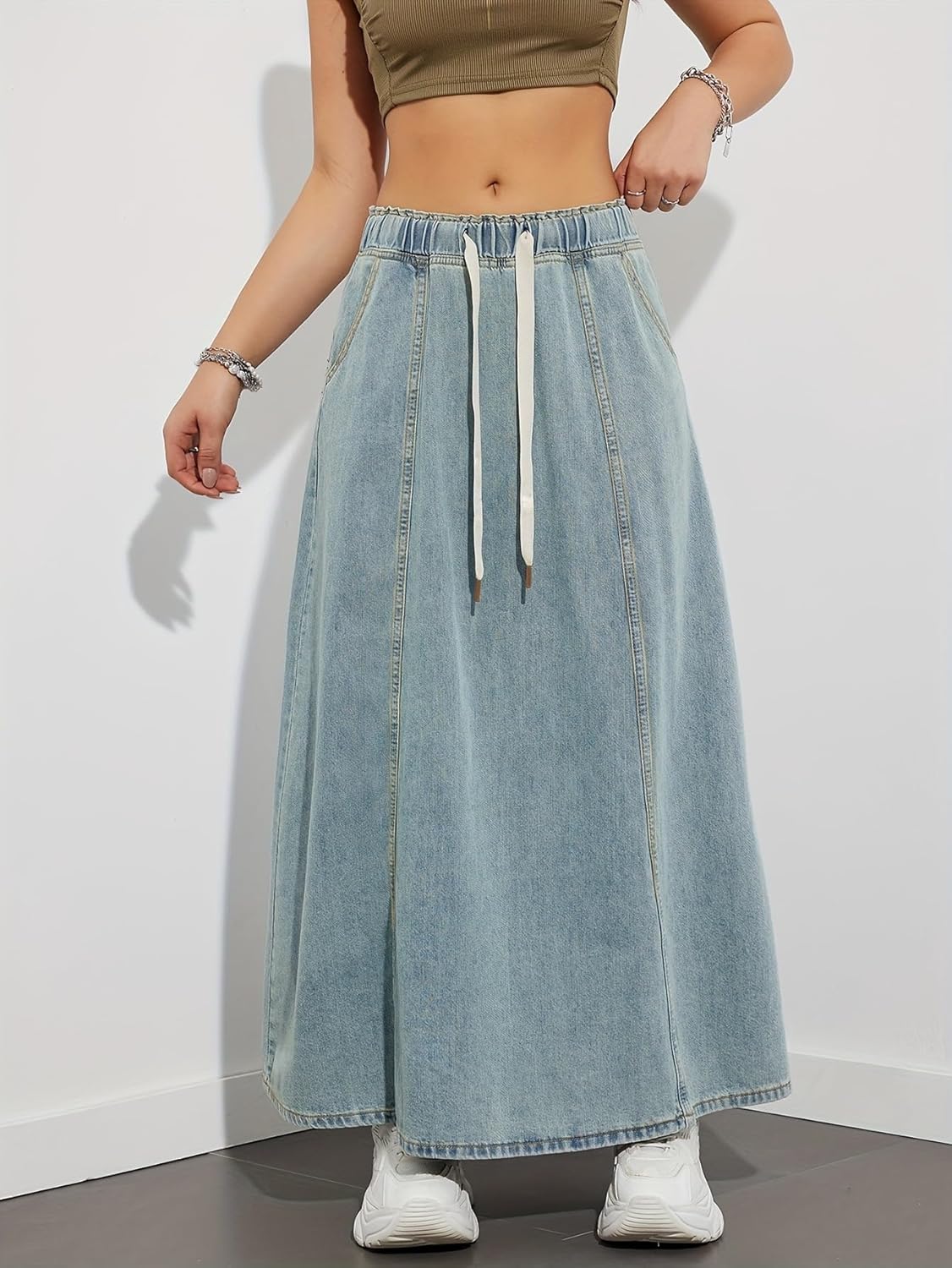 yoeasy Women's Drawstring Elastic High Waist Denim Skirt Casual Flowy Swing A-Line Long Maxi Flare Denim Skirt - Image 4