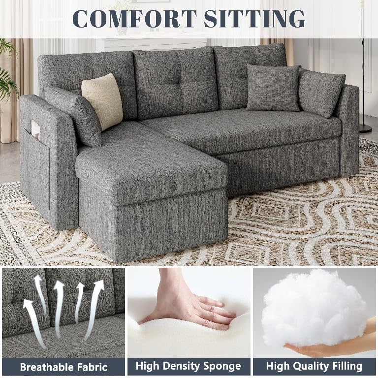 Image of Huatean Home Sleeper Sofa Couch, 2 in 1 Sectional Sleeper Couch Bed with Side Pocket, Pullout Sofa Bed with Storage Chaise for Living Room, Dark Grey