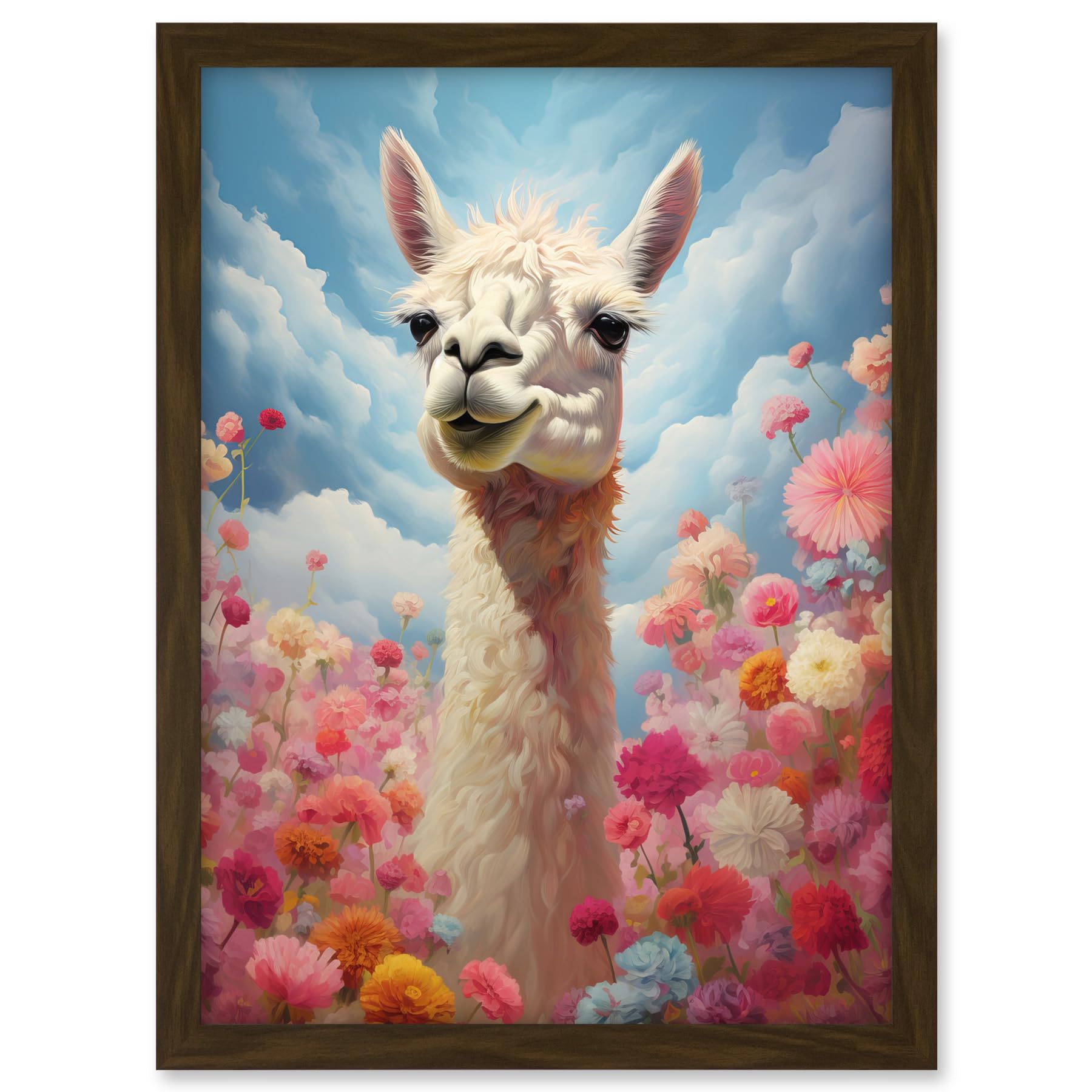 Artery8 Happy Llama Peeking Head Over Pink Flowers Bright Colourful Artwork Kids Bedroom Dreamy Spring Meadow Artwork Framed A3 Wall Art Print