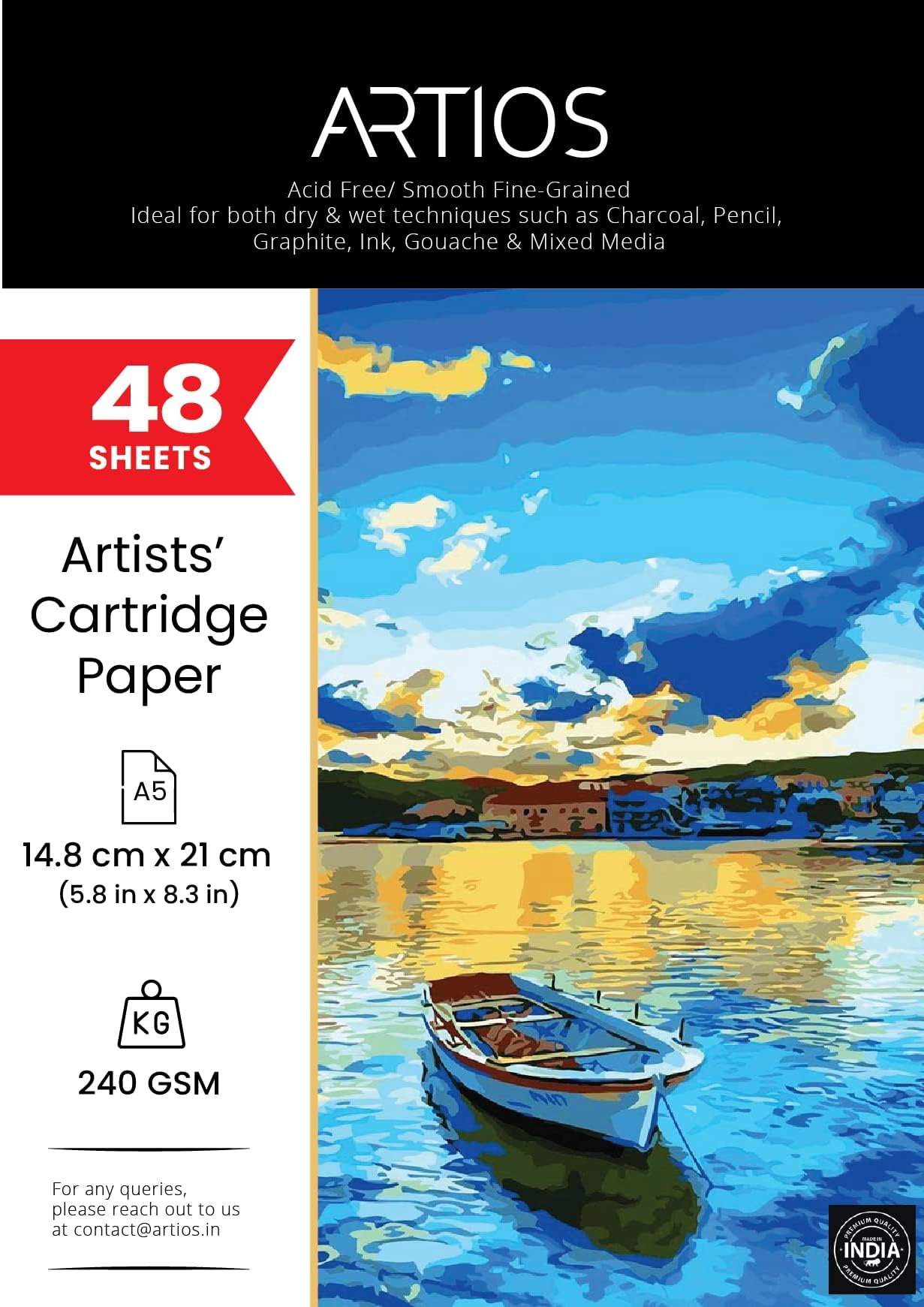 ARTIOS Mixed Media Cartridge Paper A5 240 GSM - 48 Drawing Sheets for Artists, Ideal for Charcoal, Graphite, Acrylic, Watercolor, Gouache, Ink, & Other Mixed Media
