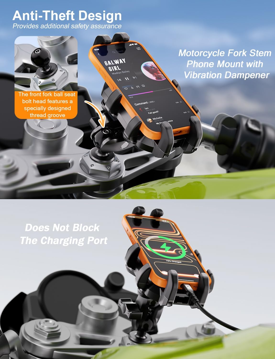Anti-Theft Motorcycle Fork Stem Phone Mount with Vibration Dampener, with Aluminum Arm & Metal Fork Stem Mounting Base, for Stem Tubes 12mm-25.4mm in Diameter, for 5.4"-6.9" Cellphones
