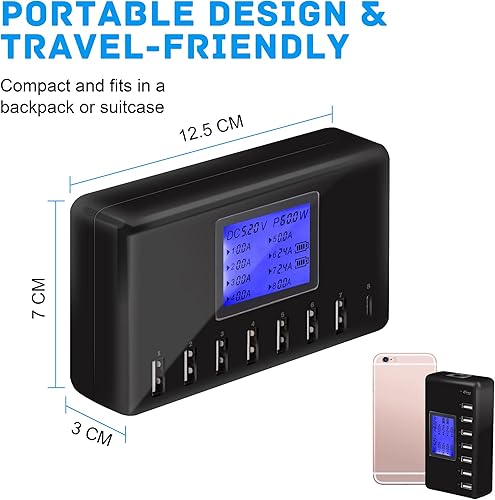 Miniatura 3 de Cargador USB, 60 W, 12 A, 8 puertos, estación de carga USB, cargador concentrador USB multipuerto, pantalla LCD de tamaño compacto, compatible con