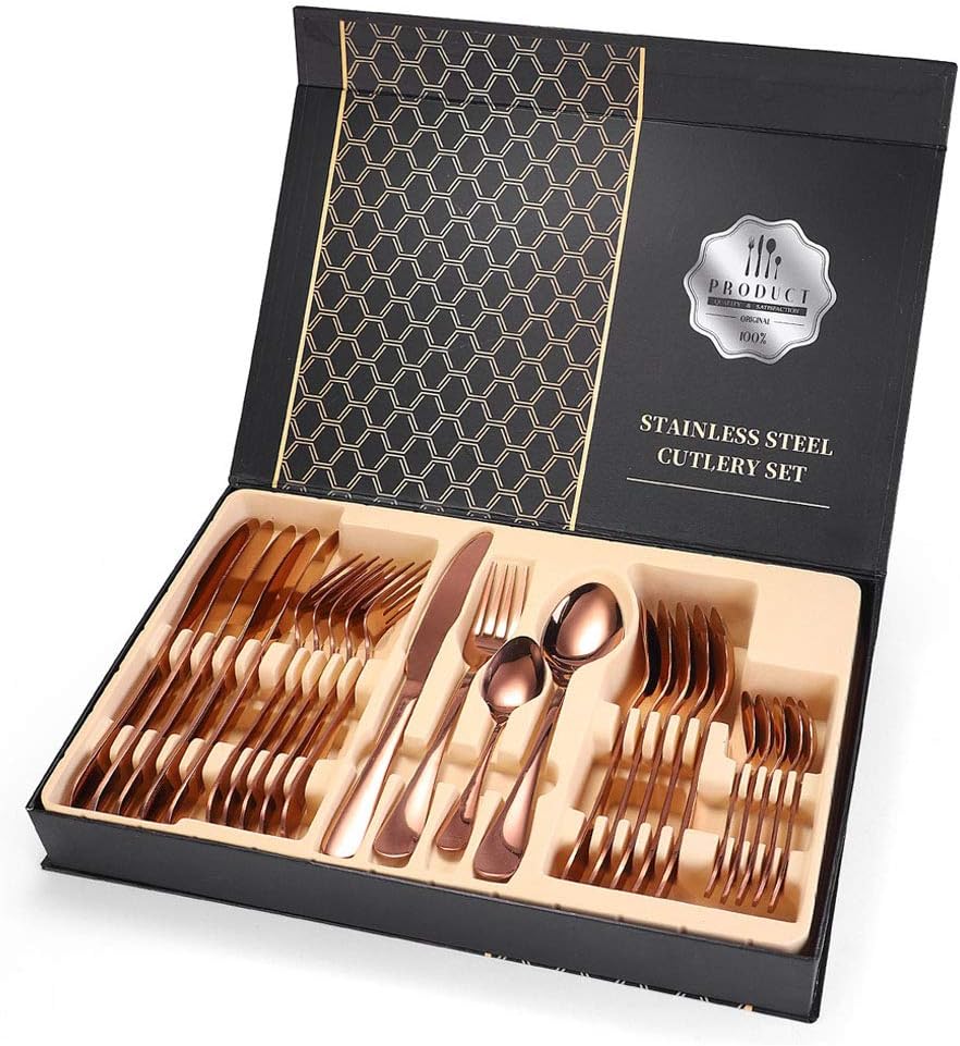 24-pieces Silverware Stainless Steel Cutlery Set with Premium Gift box, Include Knife/Fork/Spoon/Teaspoon Service for 6, Rose gold Tableware for Home and Restaurant,Wedding Gift