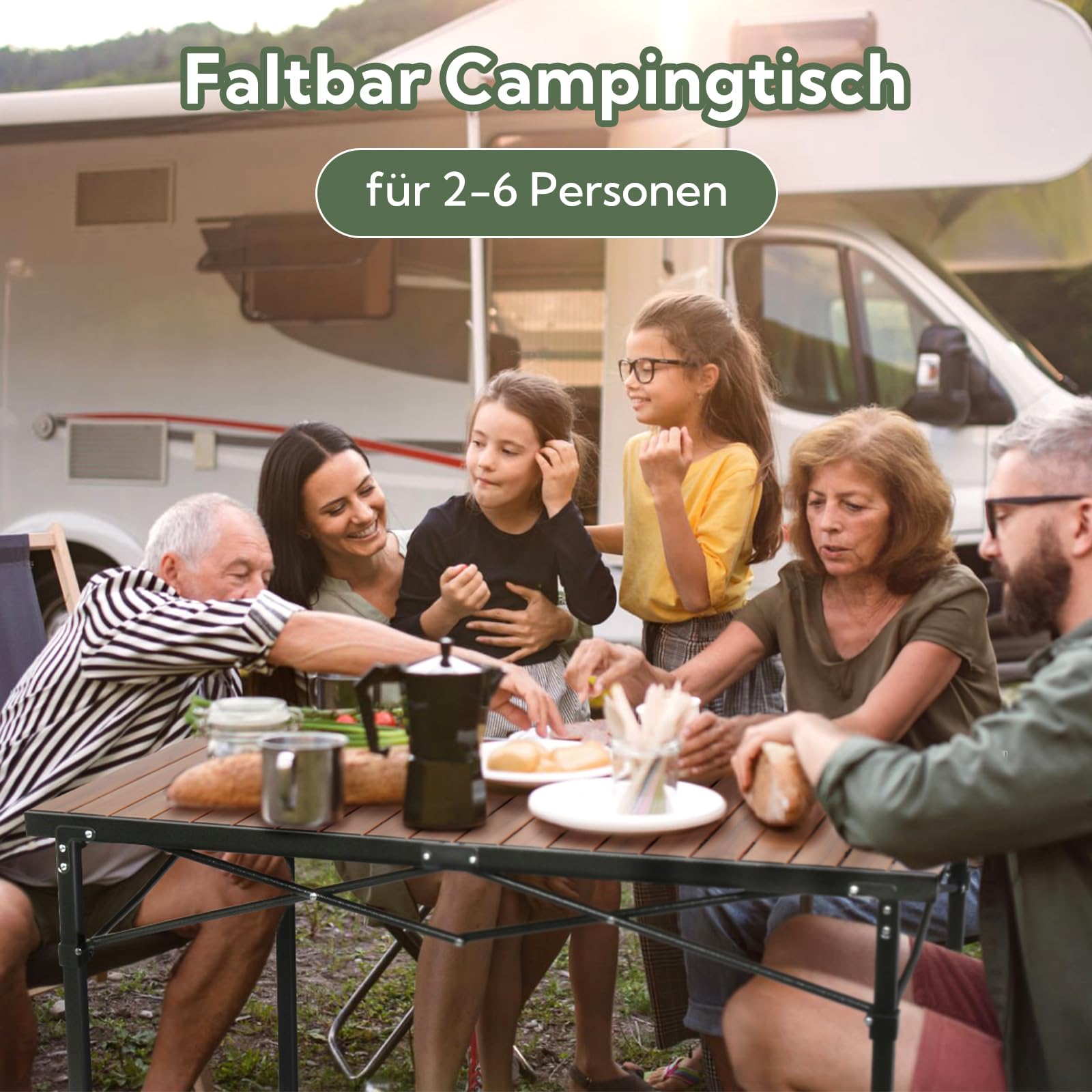 Campingtisch klappbar höhenverstellbar bis 100 kg, 120x70 cm für 6 Personen | 3-fach einstellbare Höhe Stabil Klapptisch Camping Alu Roll Up Camping Tisch für Camping, Garten, Balkon, Picknick, Holzoptik