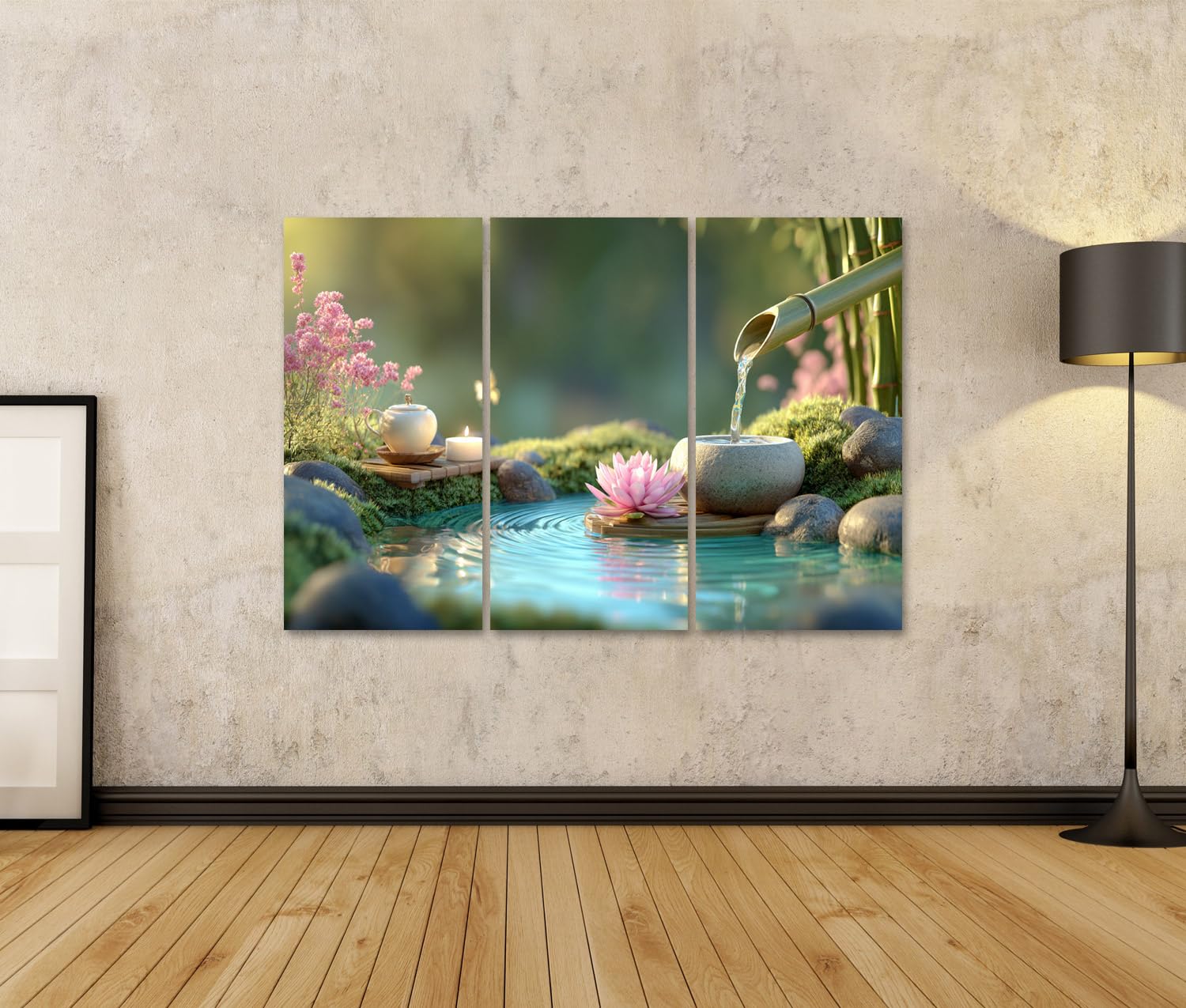 islandburner Quadro su tela, tranquillo giardino zen giapponese, con acqua e fiore di loto, 3 pezzi
