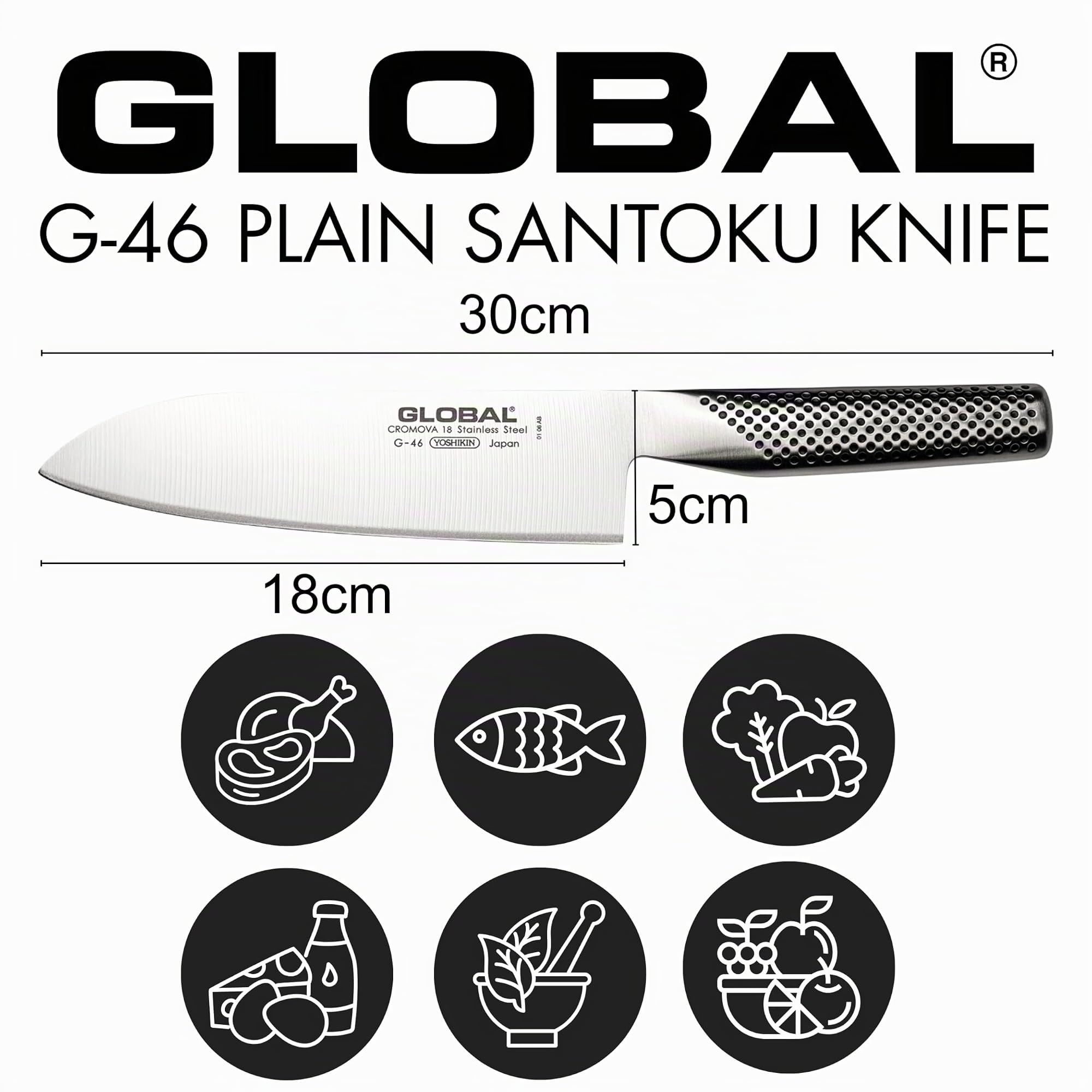 GLOBAL G-46 Santokumesser – 18 cm – japanisches Profi-Santoku aus Cromova 18 Edelstahl