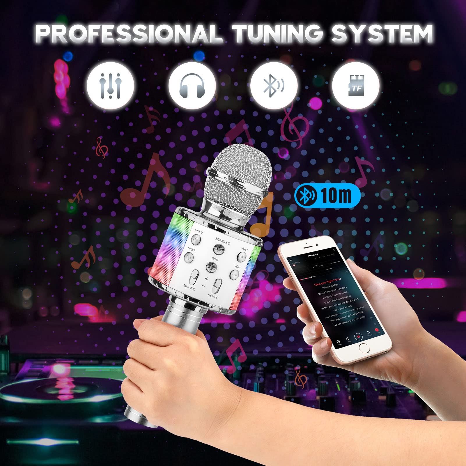 ShinePick Microfono Inalámbrico Karaoke, Micrófono Karaoke Bluetooth Portátil con Altavoz y LED para Niños Canta Partido Musica, Compatible con Android/iOS PC, AUX o Teléfono Inteligente (Plateado)