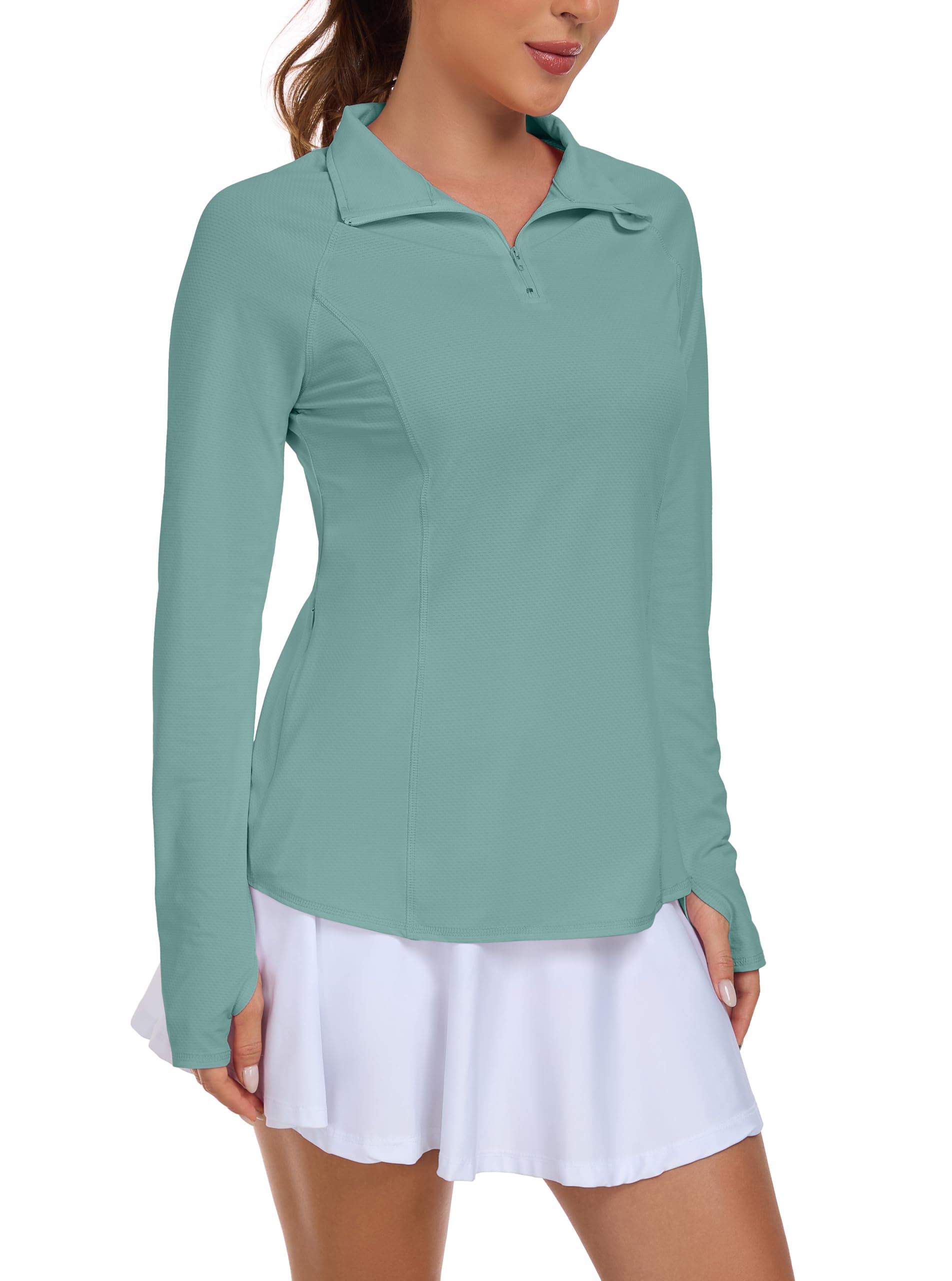 IWOLLENCE Laufshirt Damen Langarm Lockerer Fit Sportjacke Funktionsshirt Sportshirt UV Schutzshirt UPF 50+ UV 1/4 Reißverschluss mit Daumenlöchern und versteckter Tasche rechts