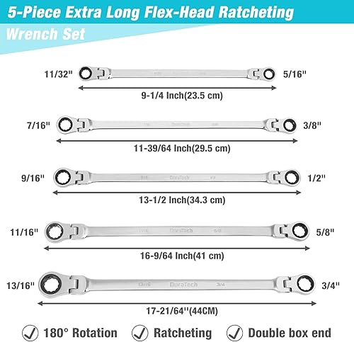 Miniatura 2 de Duratech - Juego de llaves de trinquete extralargas de doble caja, SAE, 5 piezas, 5/16 pulgadas a 13/16 pulgadas, acero cromo vanadio con