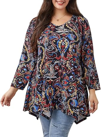Womens Plus Size Tunic Tops 3/4 Sleeve Loose Fit Dressy Top Blouses Casual Floral Swing Fall Tunics for Leggings 1X-6X