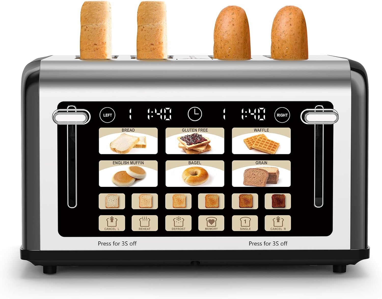 TouchScreen 4 Slice Toaster with Large Digital Display, 1.5" Extra Wide Slots for Bagels & Toast, 6 Shade Settings for Bread, Waffle,Bagel,Muffin, Reheat & Defrost - Black