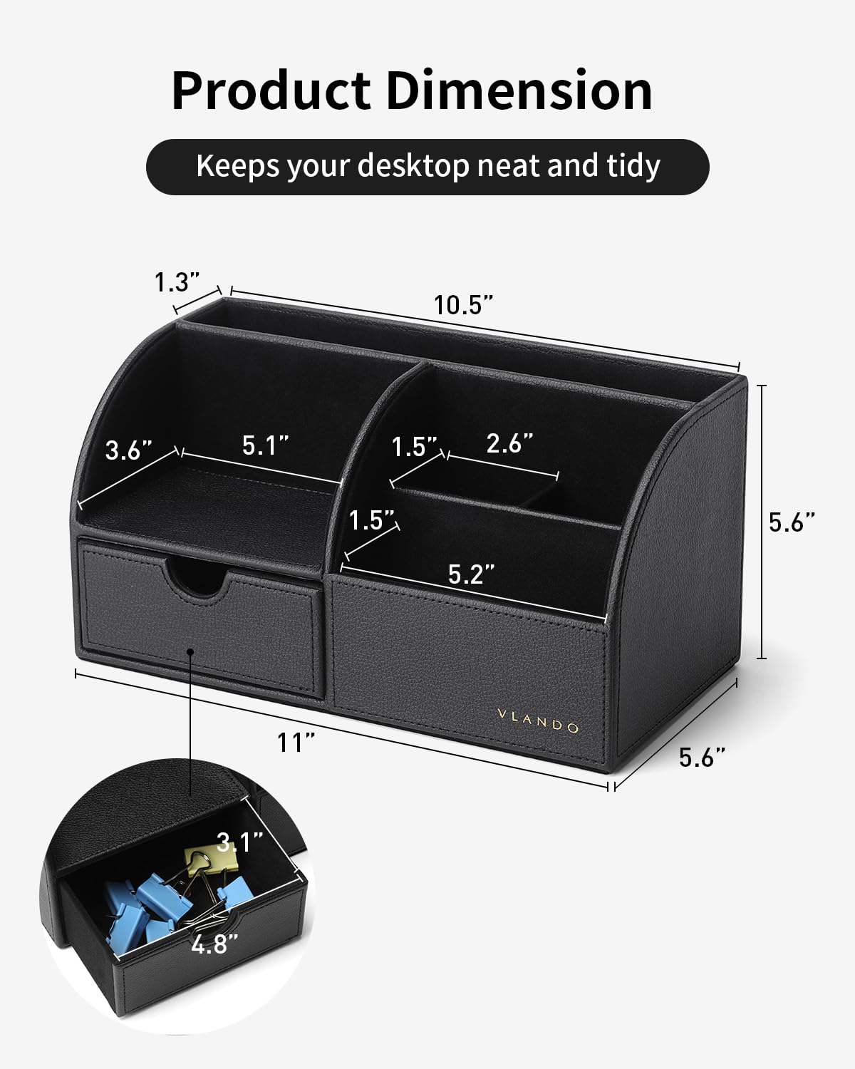 Vlando Organiseur de bureau avec tiroir multifonction en cuir avec support pour stylos et Noir