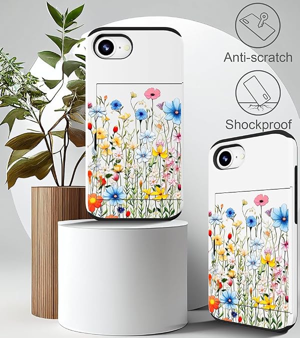 IWONE Compatible with iPhone 16e / 17e Case with Card Holder Cute Shockproof Drop Protection Phone Wallet Slot Cover Cases for Women - Blue Buds Flowers Grass by IWONE - Image 9
