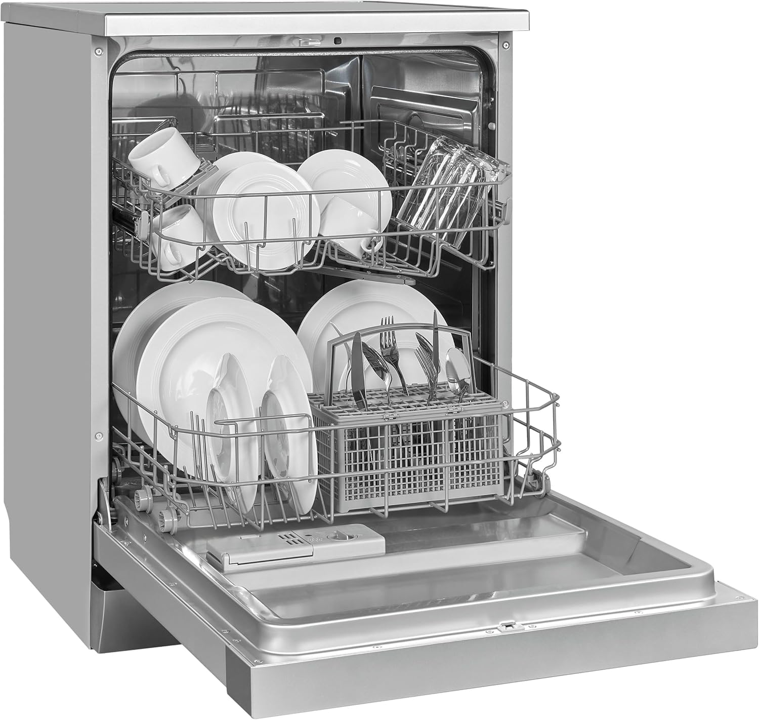 Exquisit® Lavavajillas 60Cm, Clase D, Color Plateado, 12 Servicios, 6 Programas, Inicio Diferido 24H, Indicador Falta Sal y Abrillantador, Consumo 82 kWh/100ciclos, Medidas 84,5x59,8x60 Cm.