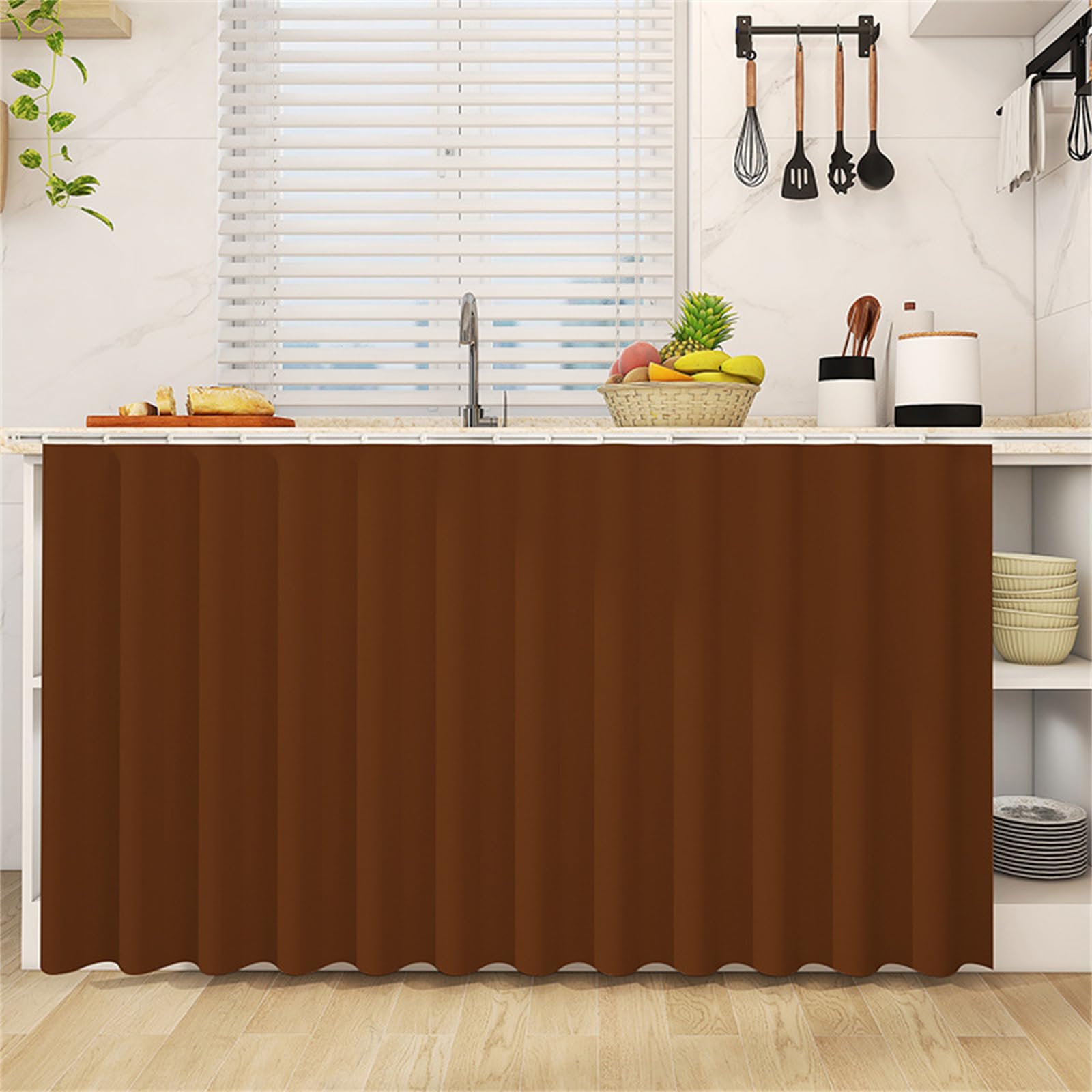 Highdi Cupboard Short Curtain Kitchen, Hide Away Small Curtains for Kitchen Cupboard Door - No Drilling Is Required with Hook and Loop for Under Sink-Solid Colour (Coffee Curry,50 * 70cm)