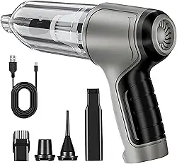 Mini Aspirador e Soprador Portátil de Alta Potência – 2 em 1 Recarregável USB-C – Uso para Carro, Computador, Teclado, Escritório, Costura, Churrasquera e Cantinhos de Casa – Leve e Sem Fio (Cinza)