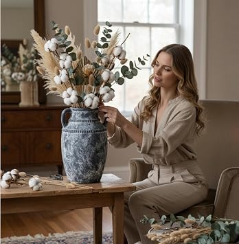 Lvases 11 Ceramic Flowers Vase Rustic Farmhouse Gray White Textured Vase | Handcrafted Textured Vase for Home Decor Living Room Table Centerpiece Pottery Pampas Grass Cotton Eucalyptus (C)