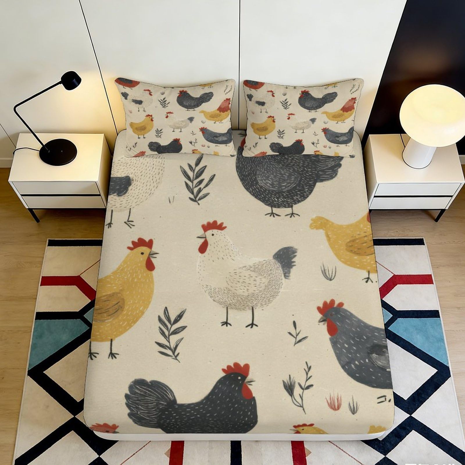 3D Printed Farmhouse Chicken Fitted Sheet Microfiber Soft Breathable Hen Bed Cover for Bedroom Guest Room Decor 90x200x25cm
