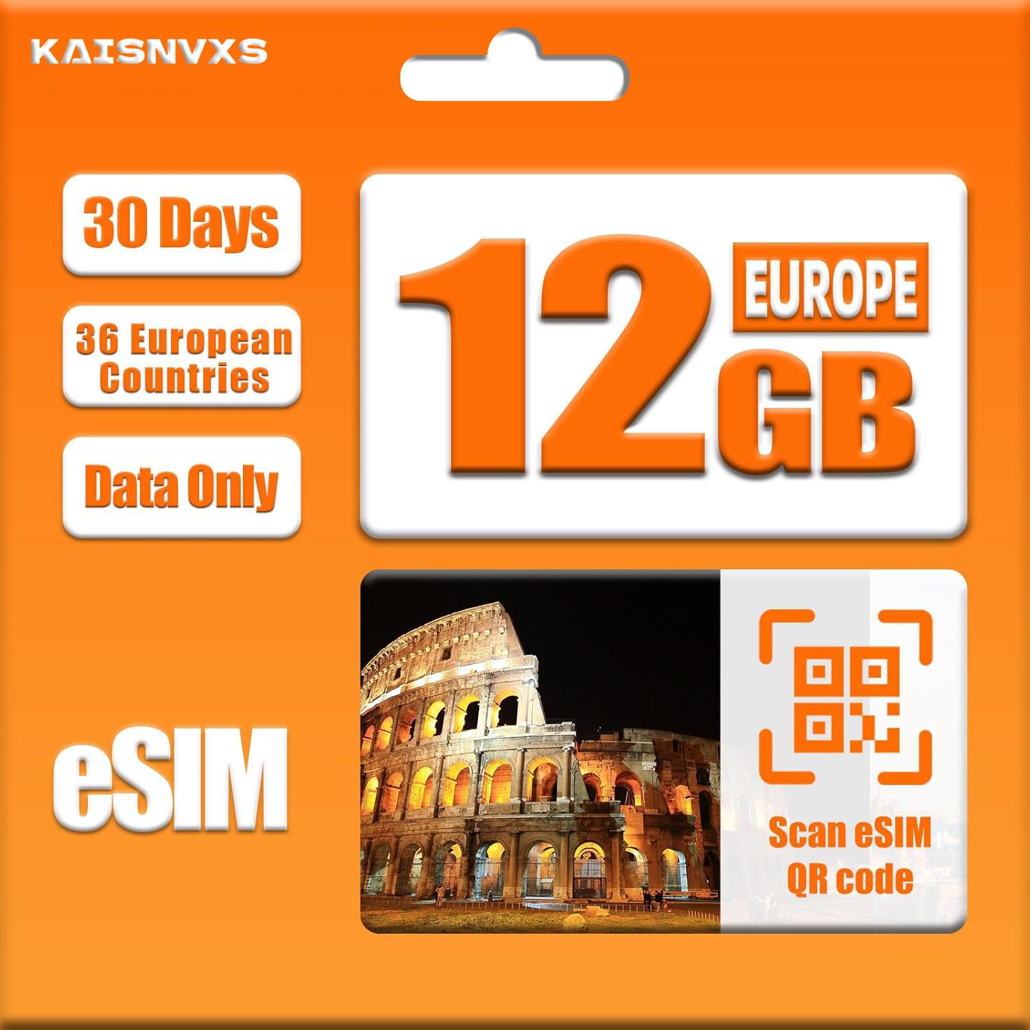 KAISNVXS eSIM for Europe Travel for 30 Days - 12GB 4G High Speed Network Prepaid eSIM in 36 Europe Countries, QR Code Activation, Tethering Allowed, Data ONLY, No Voice/SMS
