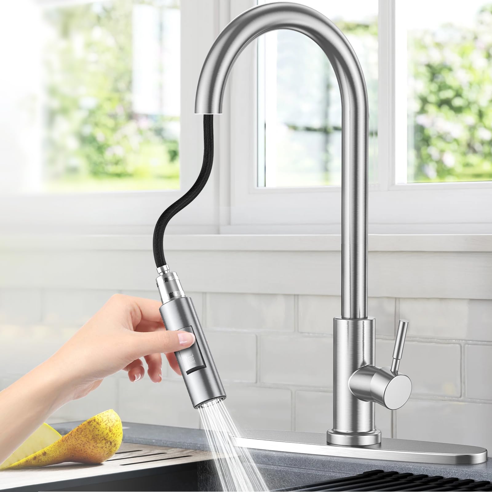 Grifo De Cocina Cascada, Monomando Con Rociador Extraíble, Grifo De Agua Fría Y Caliente Gunitado 3 Funciones 98976119