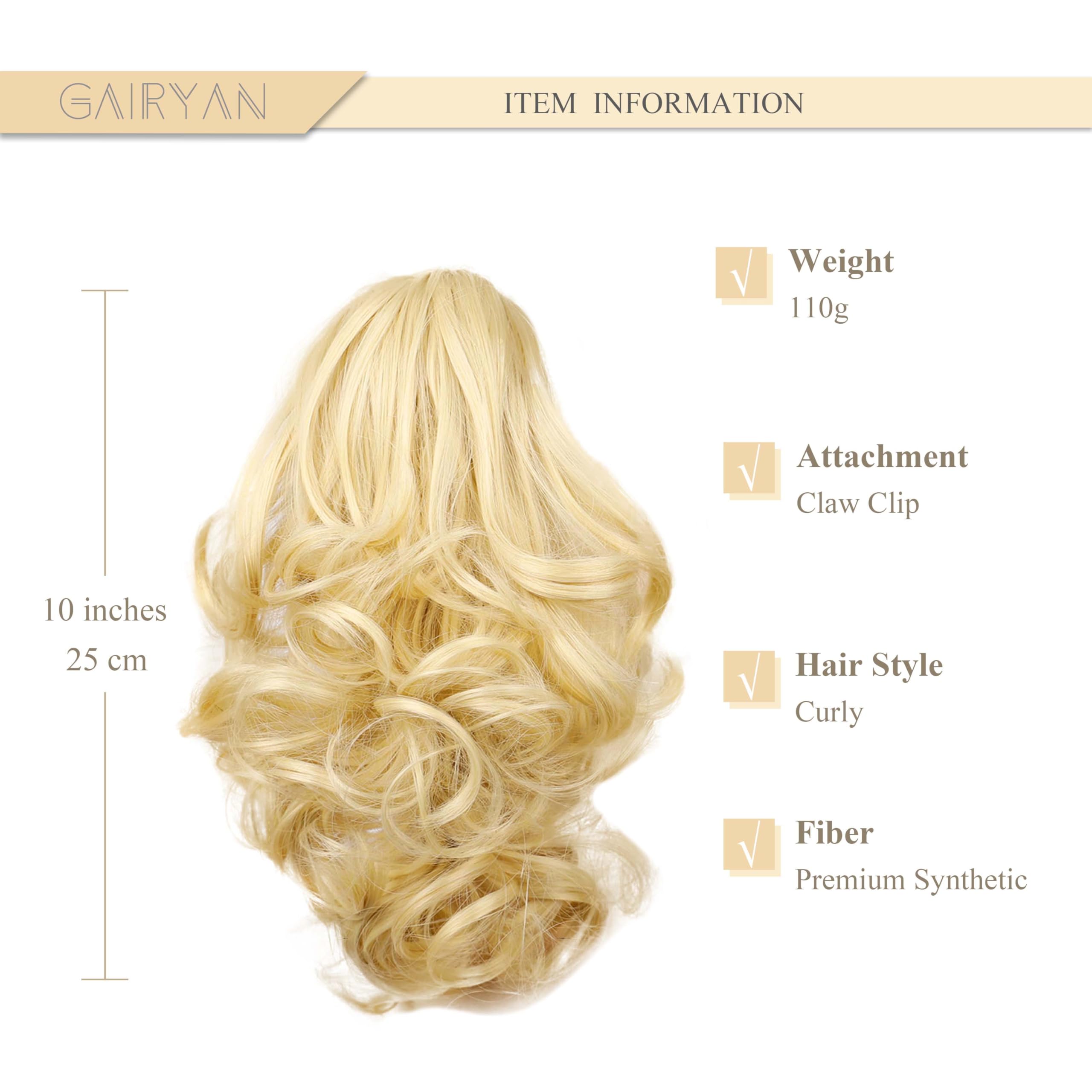 Gairyan 10" Clip in Ponytail Hair Extensions Curly Ponytail Extension Claw on Pony tails Wavy Synthetic Hairpieces for Women Real Natural Short Wave, Light Blonde mix Bleach Blonde - Image 2