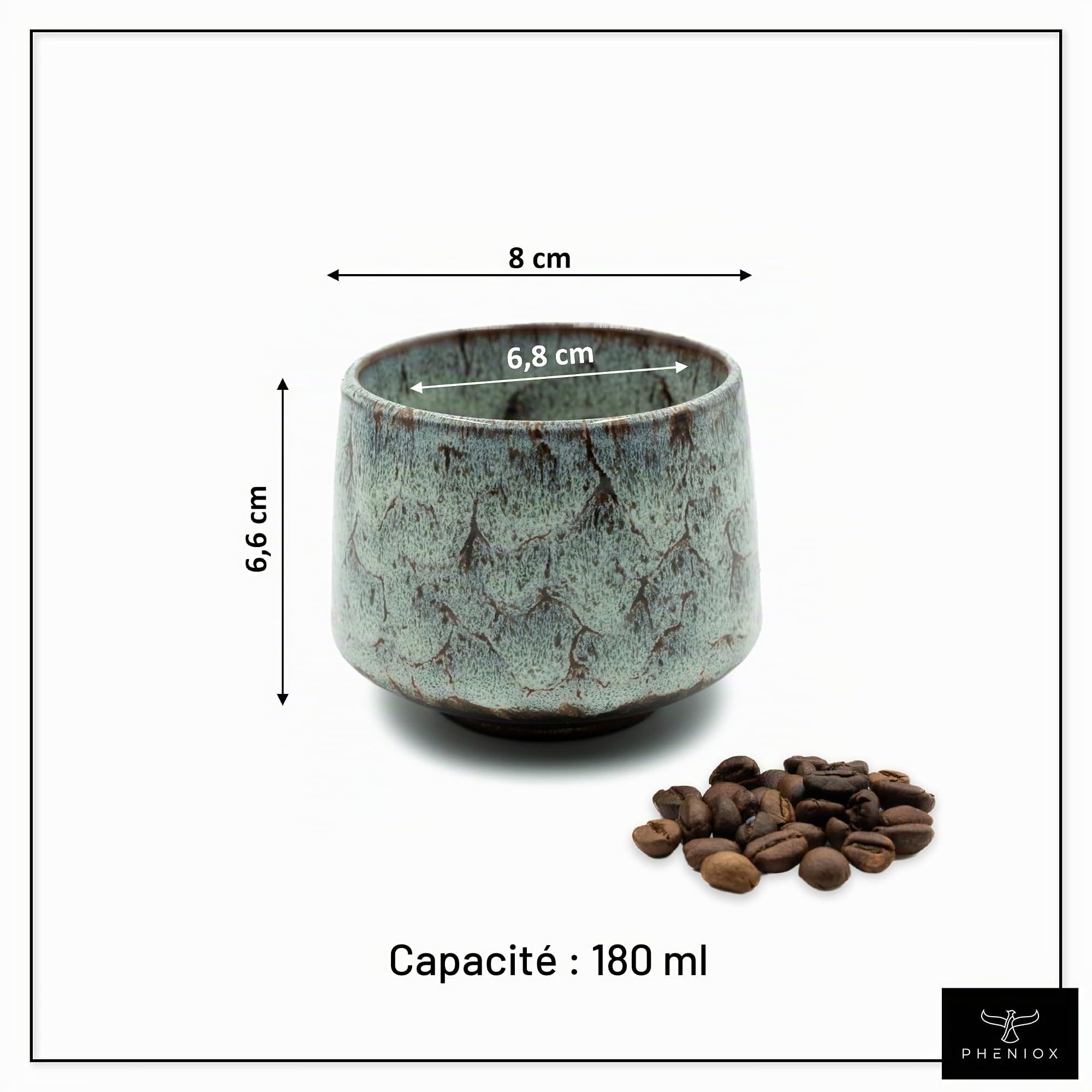 Pheniox | Lot de 4 tasses à cappuccino Tibet vert clair | 4 pièces | 180 ml | Tasses en grès de qualité supérieure | Sans anse | Passe au lave-vaisselle | Café | Espresso | Moka | Cadeau pour lui ou