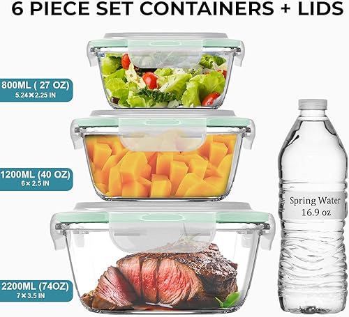 Miniatura 6 de Recipientes de vidrio extragrandes para comida con tapa hermética, 6 piezas [3 contenedores con tapas] aptos para microondas, horno, congelador y
