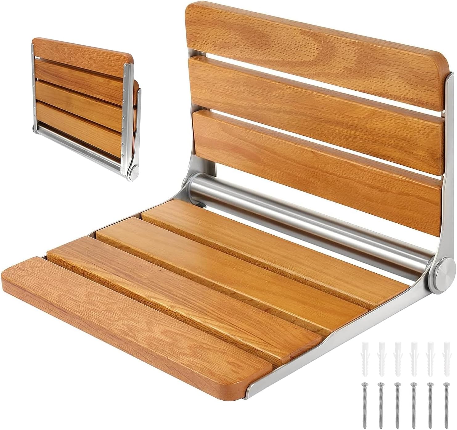 Folding Shower Seat, Wall Mounted Shower Bench, Teak Folding Shower Chair, Wood Seat, 316 Stainless Steel Frame, Folding Shower Seat 450 lbs, 1 Pack