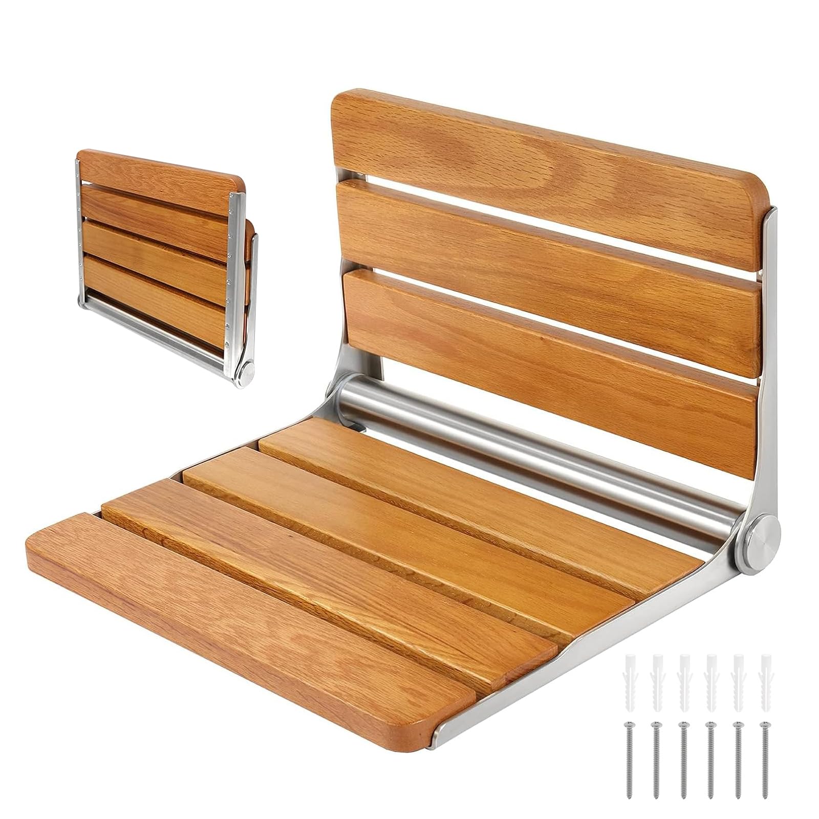 Folding Shower Seat, Wall Mounted Shower Bench, Teak Folding Shower Chair, Wood Seat, 316 Stainless Steel Frame, Folding Shower Seat 450 lbs, 1 Pack