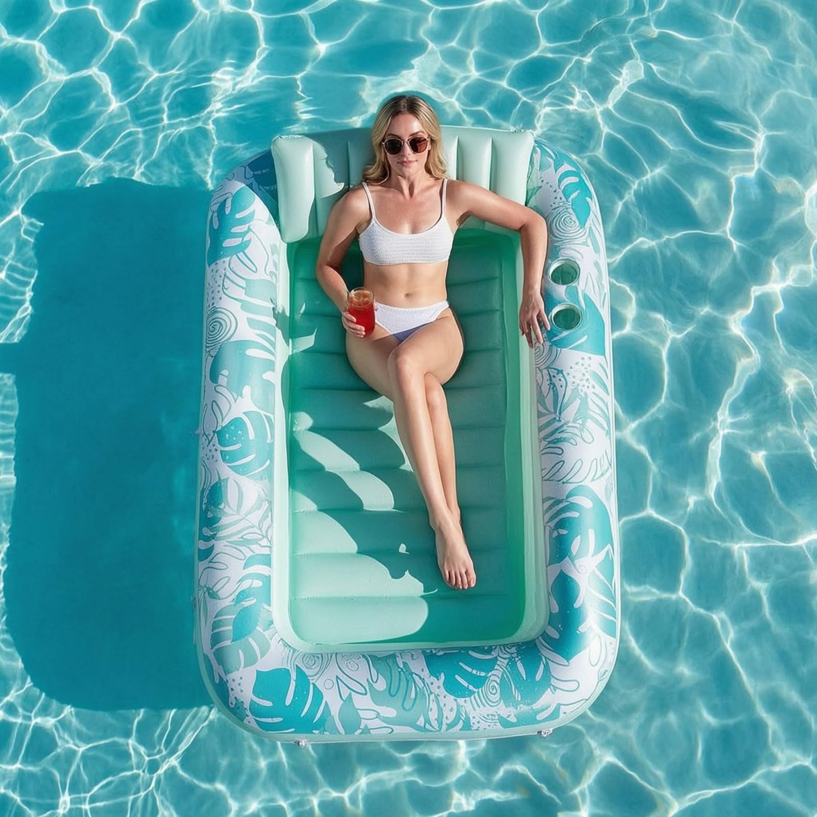 Letto Galleggiante Gonfiabile Lettino Gonfiabile Materassino Piscina Amaca Acqua con Pompa Domestica Gonfiaggio Rapido Portabicchieri Cuscino, Platino