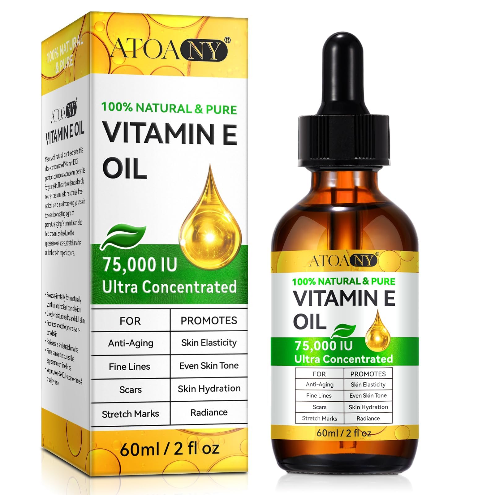 Cacukn Vitamin E Oil for Skin, Scars and Face, Pure Vitamin E Oil 75,000 IU, Reduce Scars, Fine Lines, Moisturize and Radiant Skin for Whole Body, 2