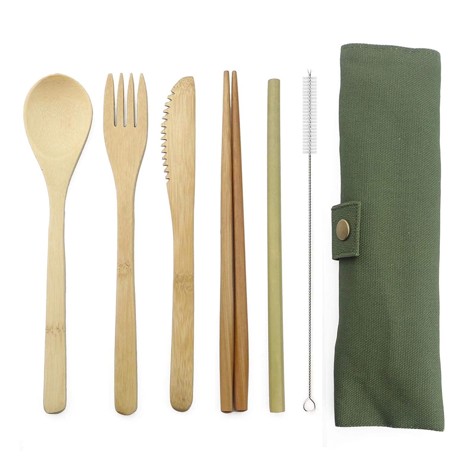 Ensemble de Couverts en Bois de fête 7 pièces Ensemble de Vaisselle en Paille de Bambou avec Sac en Tissu Couteaux Fourchette Cuillère Baguettes Voyage Exceptionnel