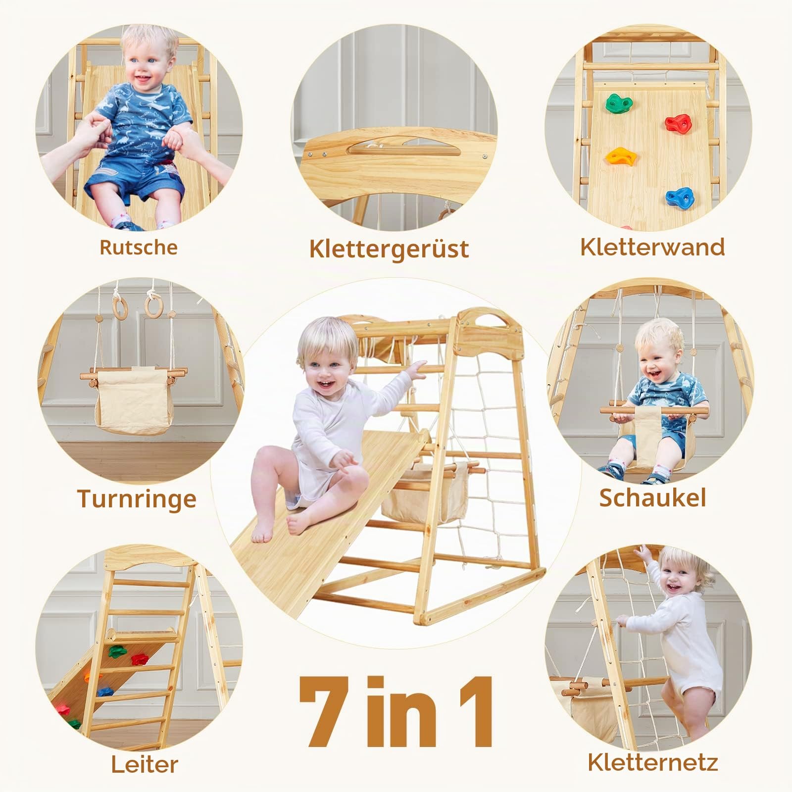 FUNLIO 7-in-1 Holz Klettergerüst Indoor für Kinder von 2-5 Jahren, Montessori Kletterdreieck aus massivem Kiefernholz, Schaukel/Rutsche/Kletterfelsen/Netz/Leiter/Affenstangen/Gymnastikringen