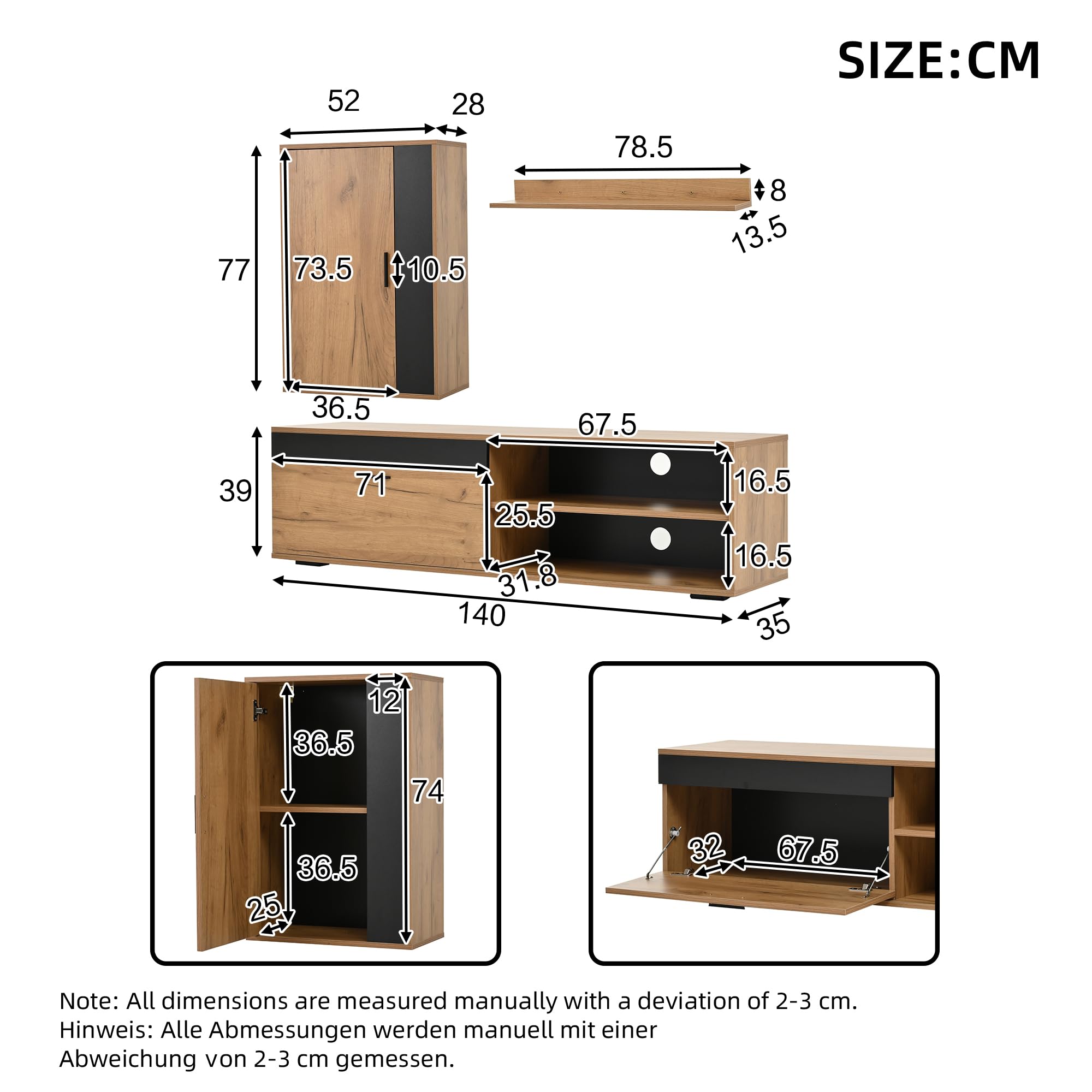 Juego de pared para TV (juego completo, 3 unidades), 140 x 35 x 39 cm, pared multimedia incluye mueble TV, estantería de pie y estantería de pared, juego de muebles de salón, moderno mueble de
