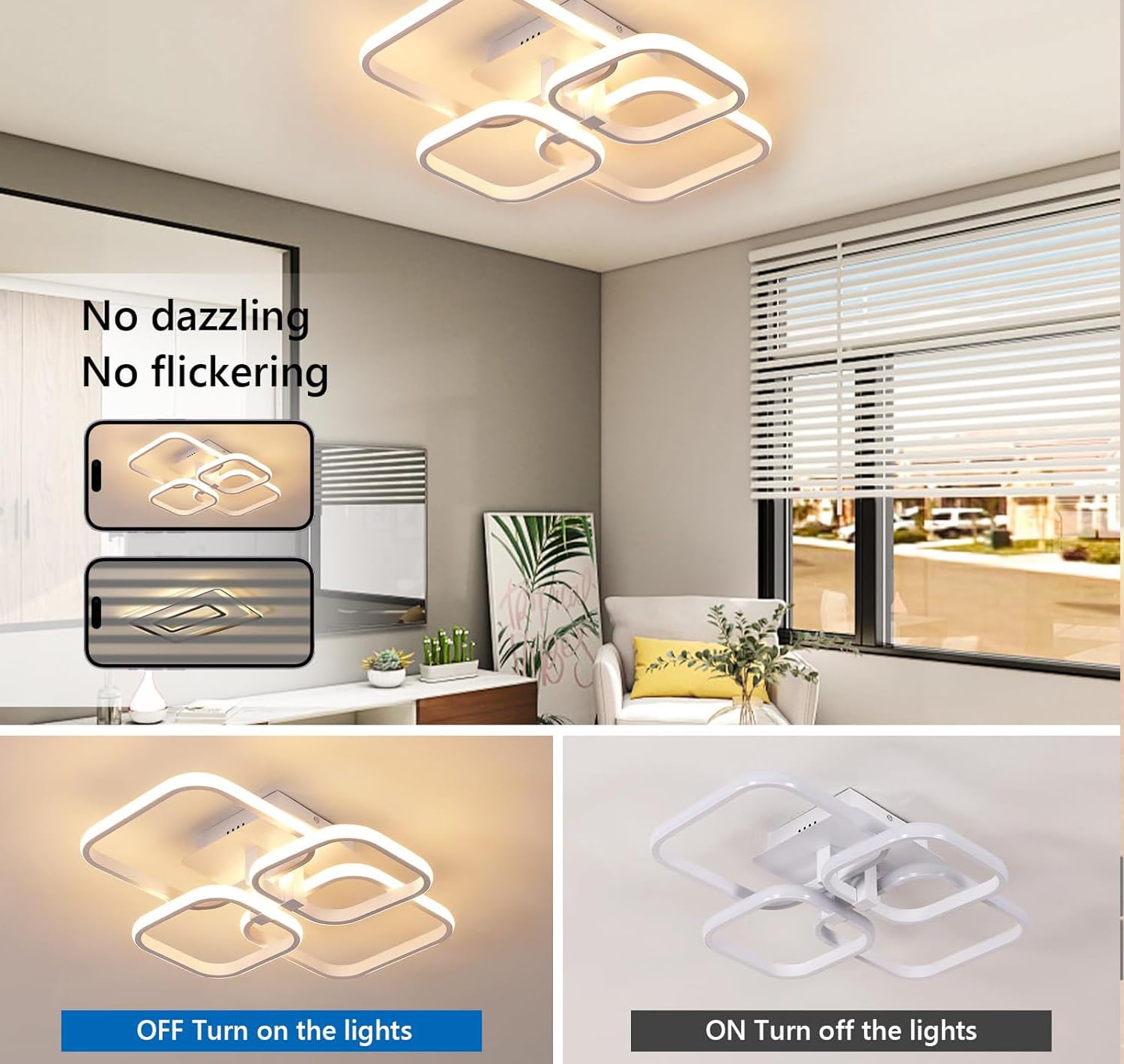 PANCA Modern Ceiling LED Light with Remote Control Color Mode LED Acrylic Minimalism Ceiling Lamps for Hall Living Room Office (4 Square LED Chandelier 3 Color) 2