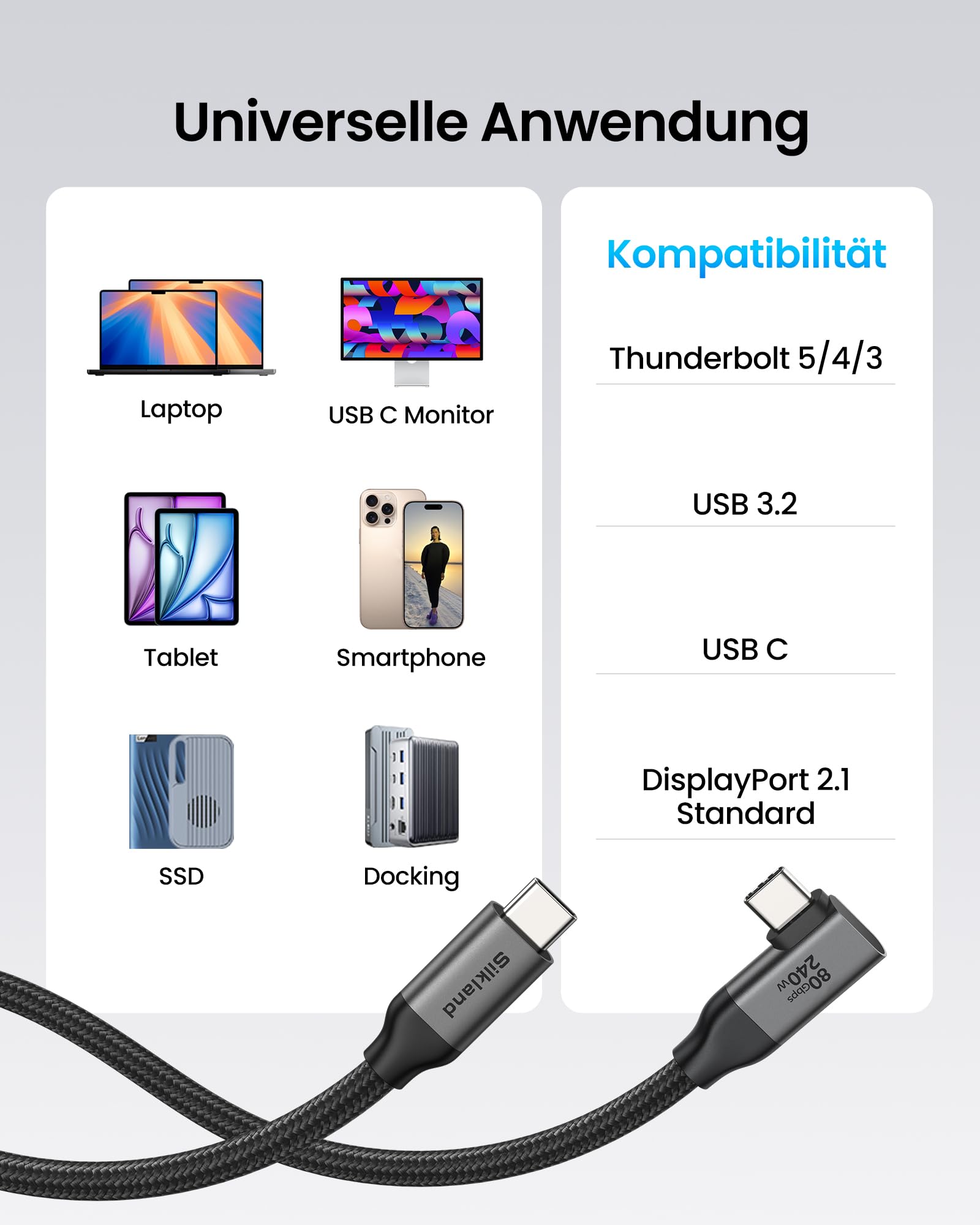 Silkland 80Gbps USB4 V2.0 Kompatibel mit Thunderbolt 5 Kabel 3M Winkel | bis zu 120Gbps mit Bandwidth Boost 16K/Dual 8K, PD3.1 240W, USB-C Kabel 90Grad für Thunderbolt 4/3, SSD, MacBook M4 Pro, Dock