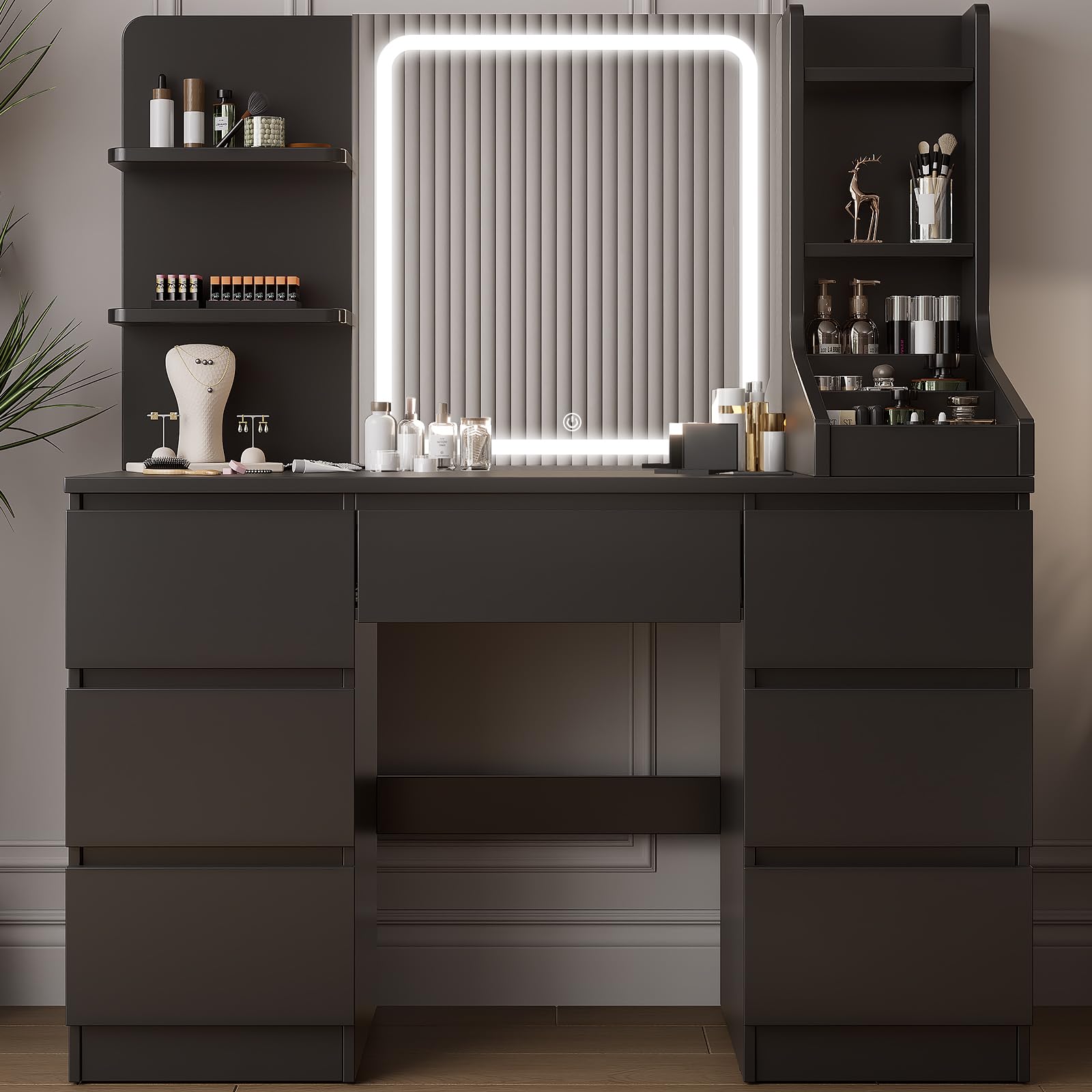 TRIUMPHKEY Dressing Table, Vanity Desk with LED Mirror, Adjustable Brightness, Modern Vanity Table with 7 Drawers, 4 Shelves and 3 Open Compartments for Bedroom, 110x40x139cm (Black) โ image 1