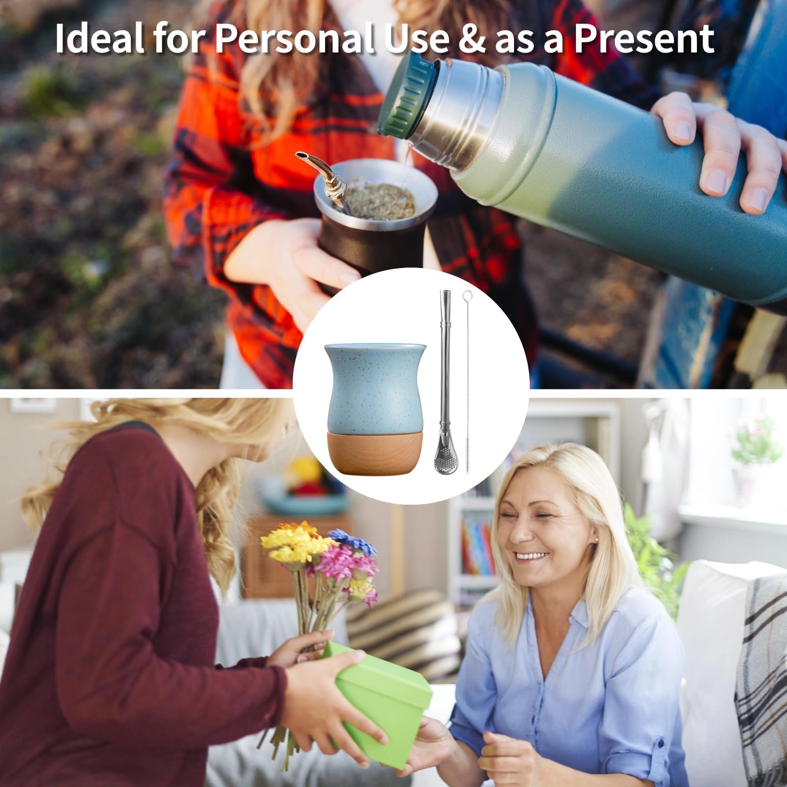Generisch Yerba Mate Becher Set, Keramik Mate-Tee-Kalebasse mit Holzsockel und Edelstahl-Bombilla, 260 ml Fassungsvermögen, elegantes Design in edlem Blau für Küche und Zuhause