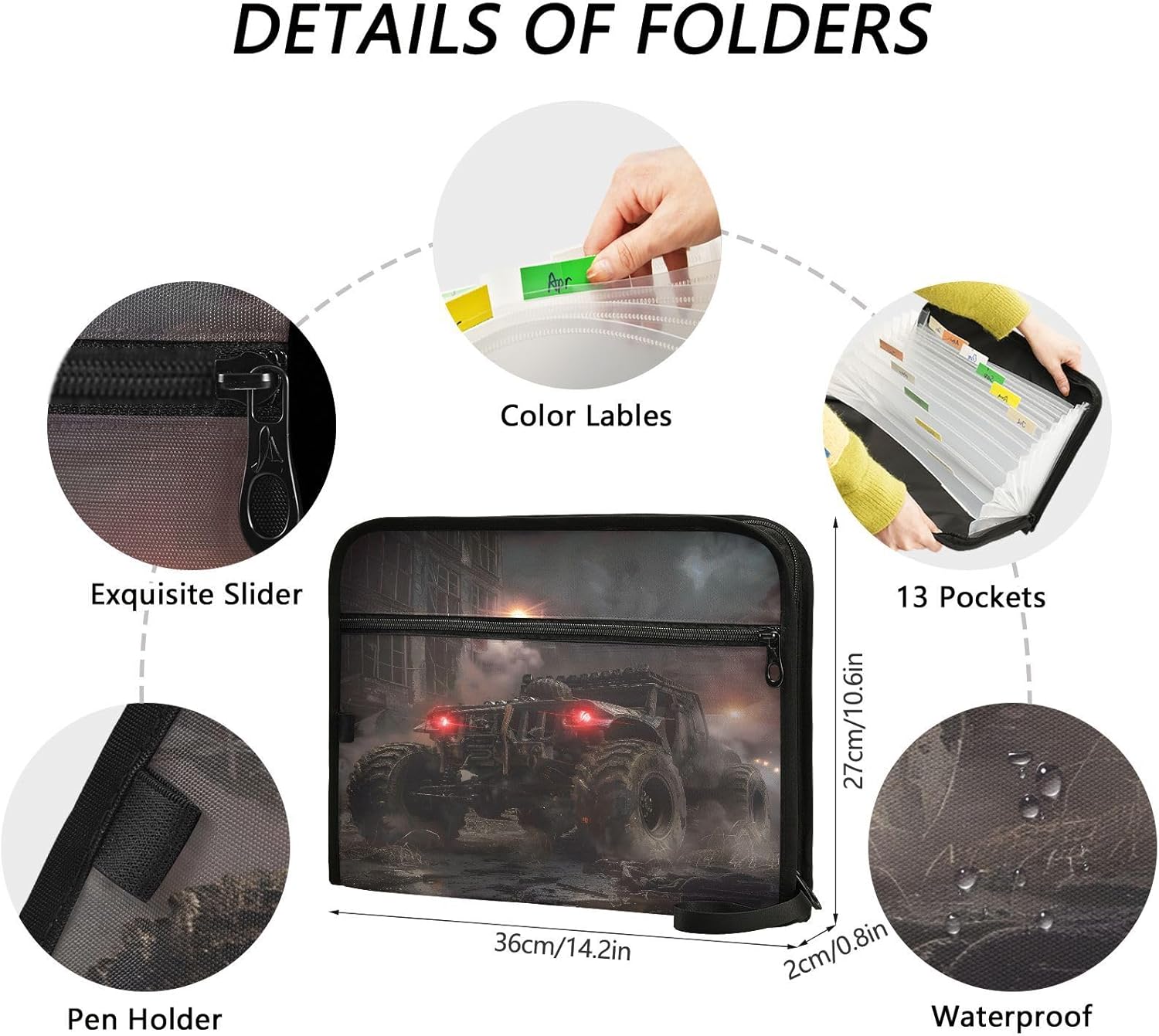 Black Cool Car 13 Pockets Expanding File Folder with Colorful Labels Accordion File Organizer A4 Letter Size